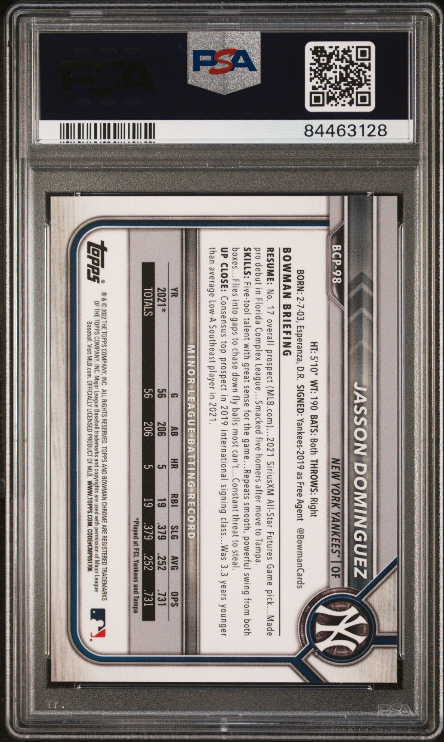 2022 Bowman Chrome Prospects #BCP98 Jasson Dominguez Aqua Refractor PSA 9