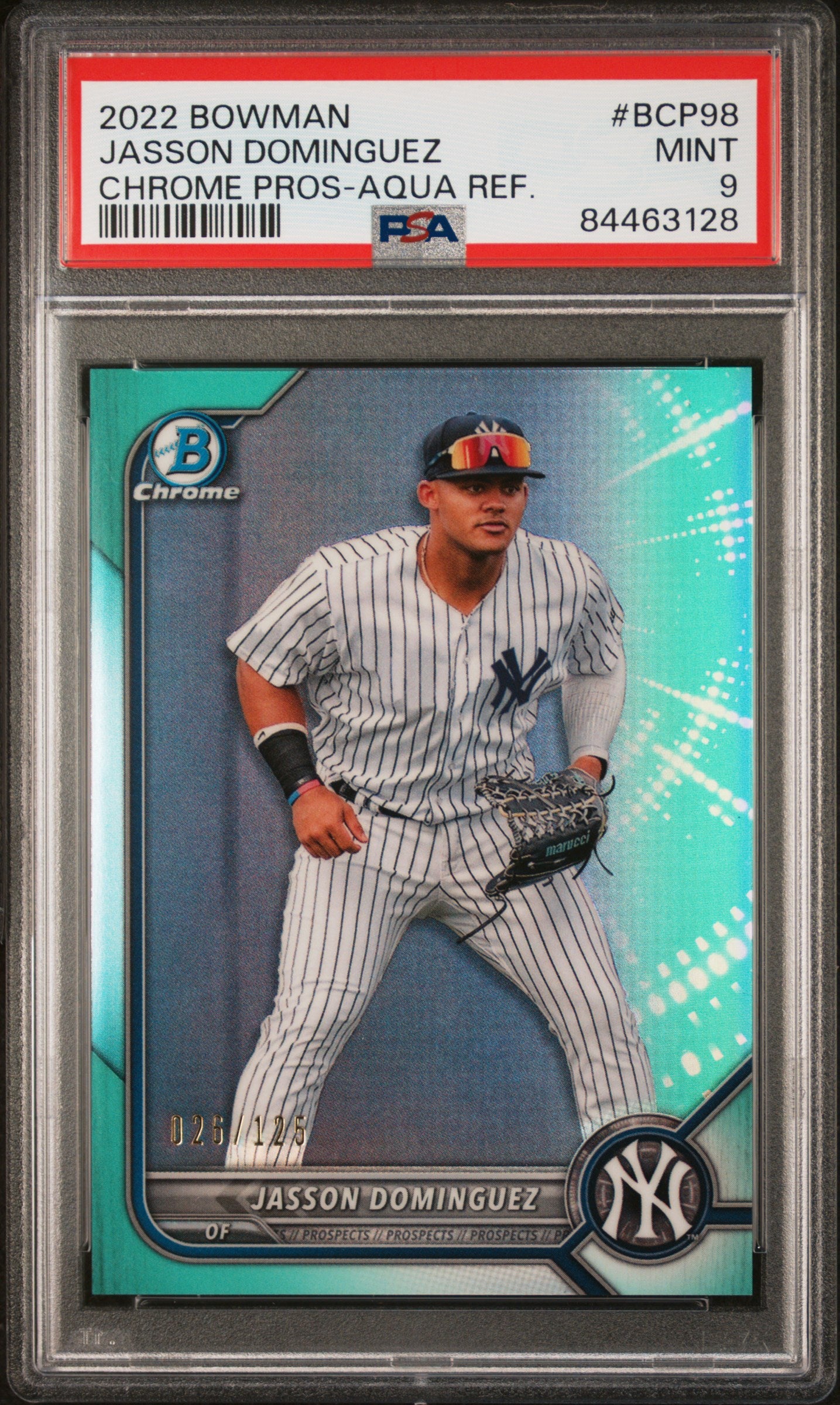 2022 Bowman Chrome Prospects #BCP98 Jasson Dominguez Aqua Refractor PSA 9