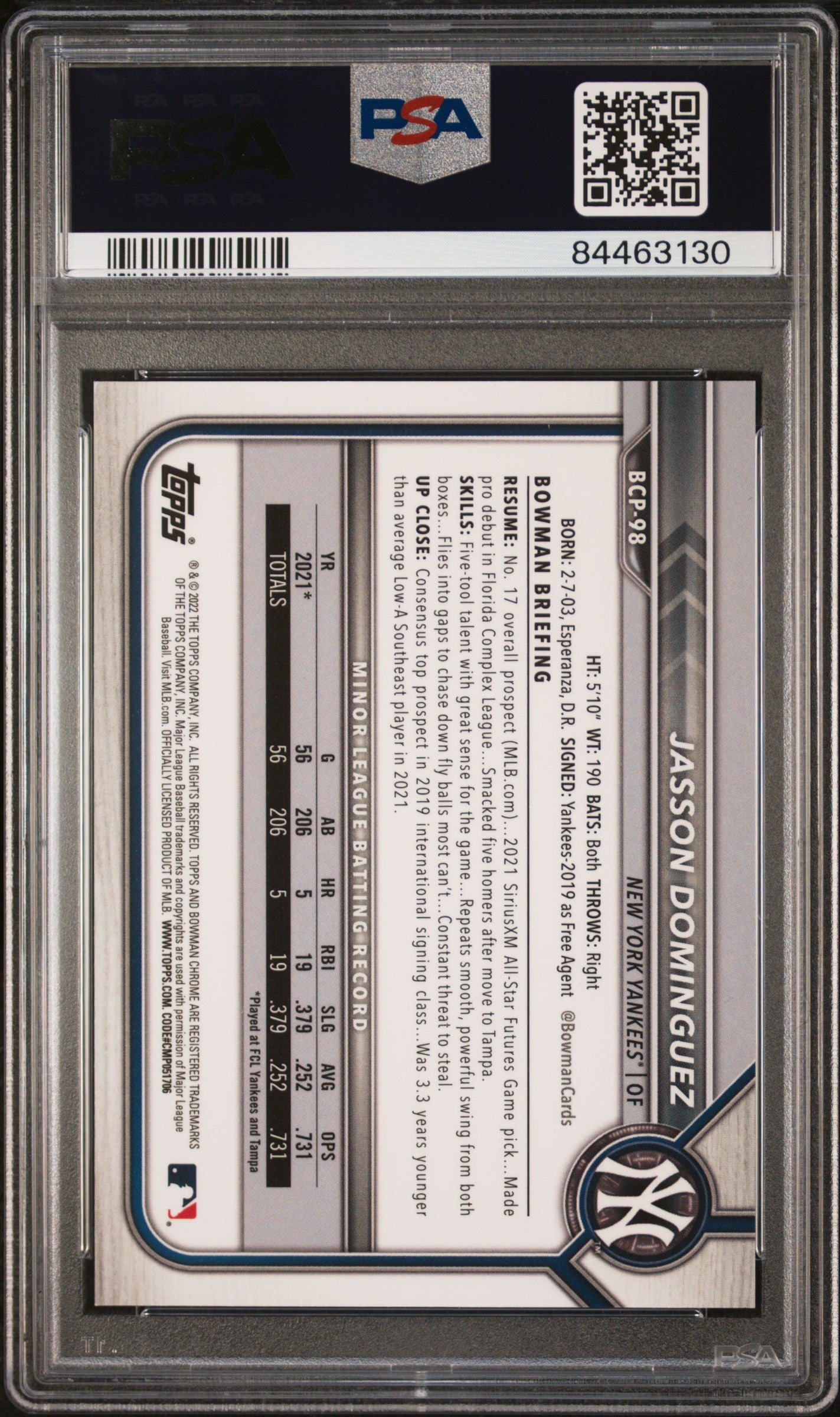 2022 Bowman Chrome Prospects #BCP98 Jasson Dominguez Lava Refractor PSA 9