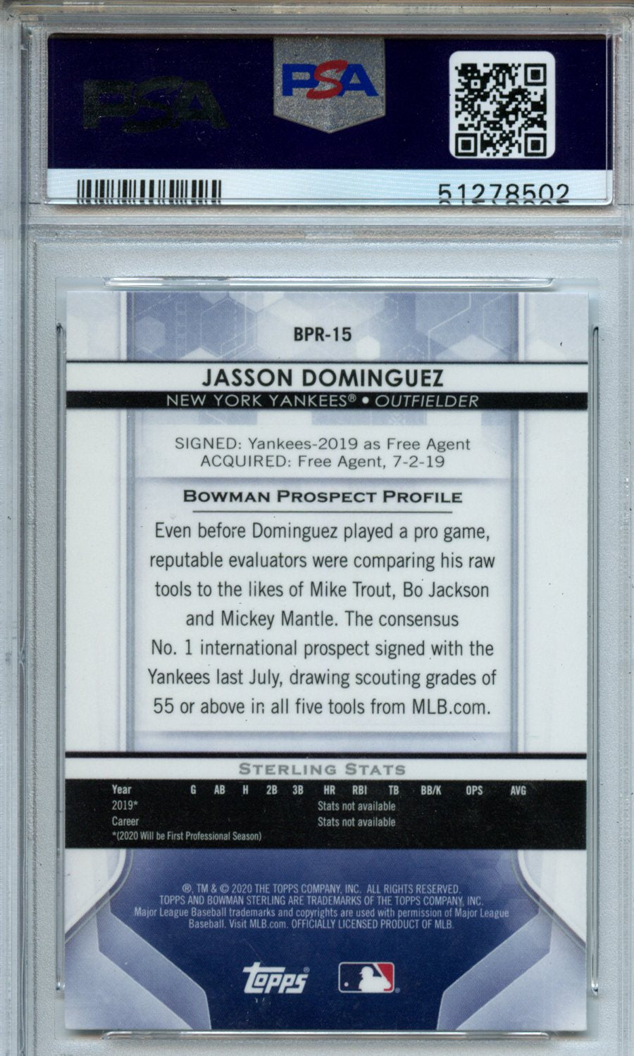 2020 Bowman Sterling #BPR15 Jasson Dominguez PSA 10