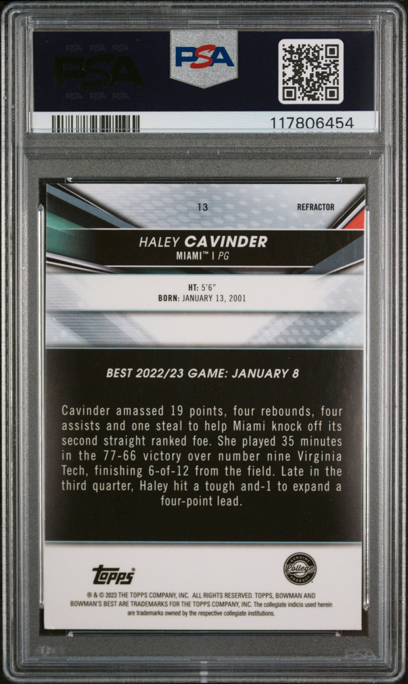2022 Bowman University Best #13 Haley Cavinder Refractor PSA 6