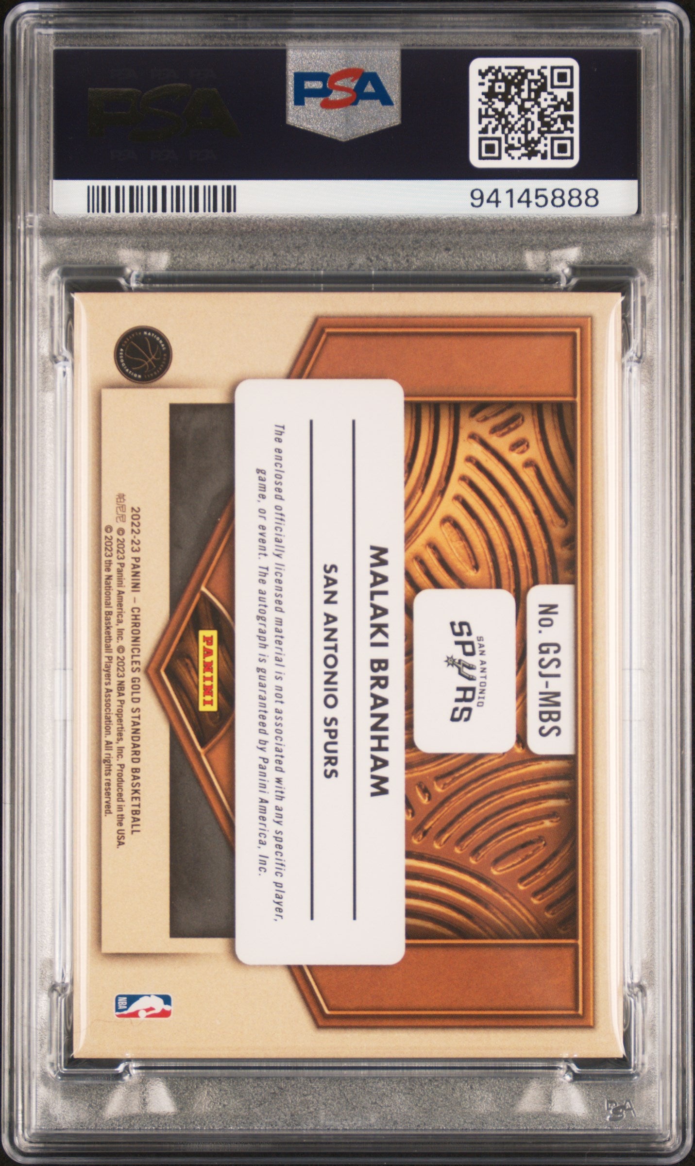 2022 Panini Chronicles Gold Standard Rookie Jersey Autographs #GSJMBS Malaki Branham Gold Standard RPA PSA 8-10