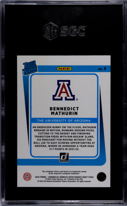 2022-23 Panini Chronicles Draft Picks #3 Bennedict Mathurin Donruss RR SGC 9.5