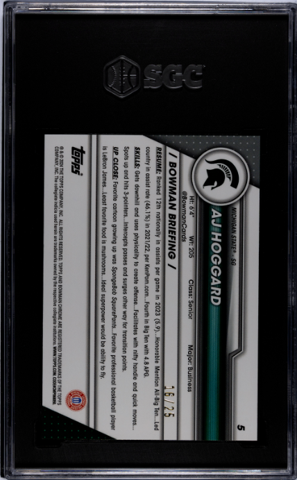 2023-24 Bowman U Chrome #5 Aj Hoggard Orange Refractor SGC 9.5