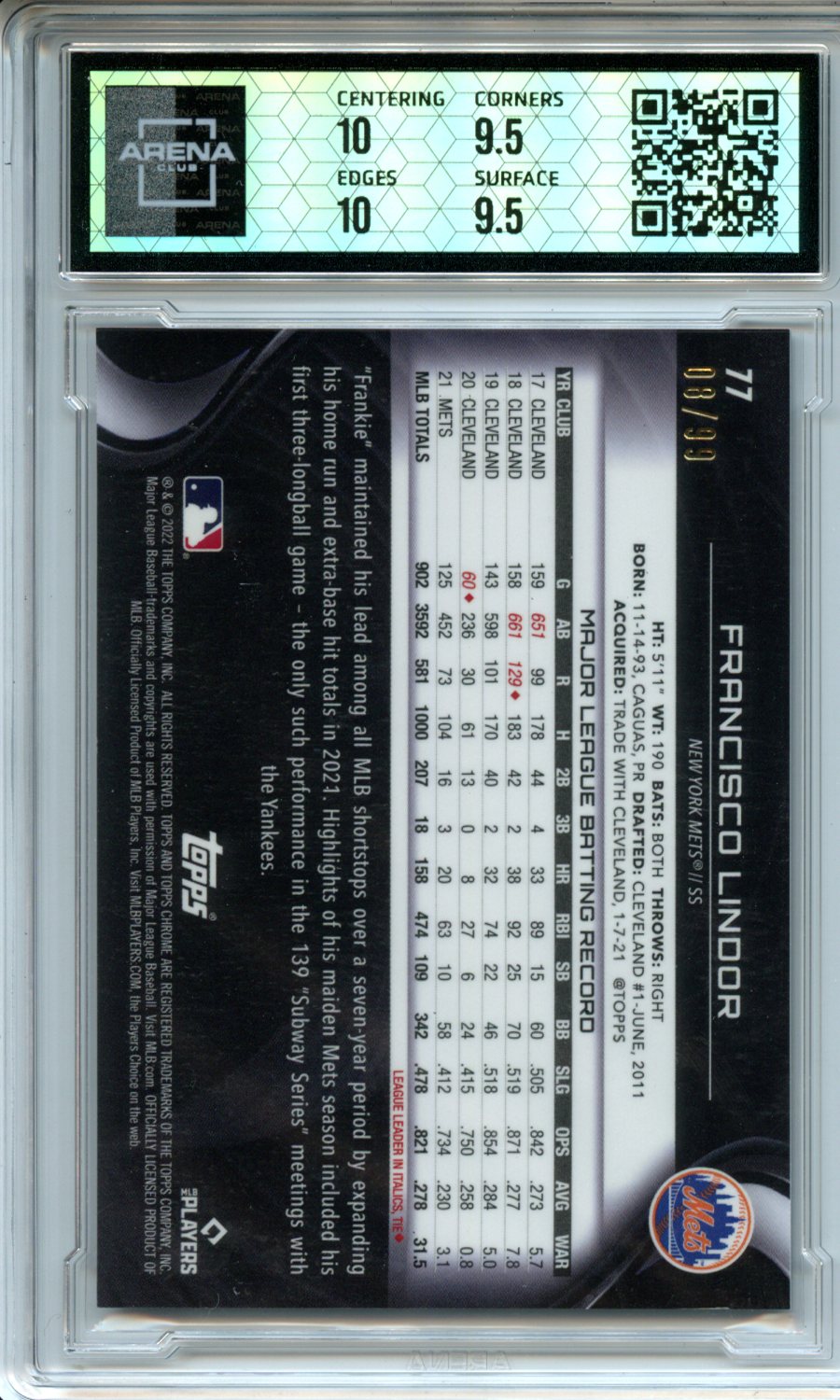 2022 #77 Francisco Lindor Green Atomic Refractors Arena Club 10