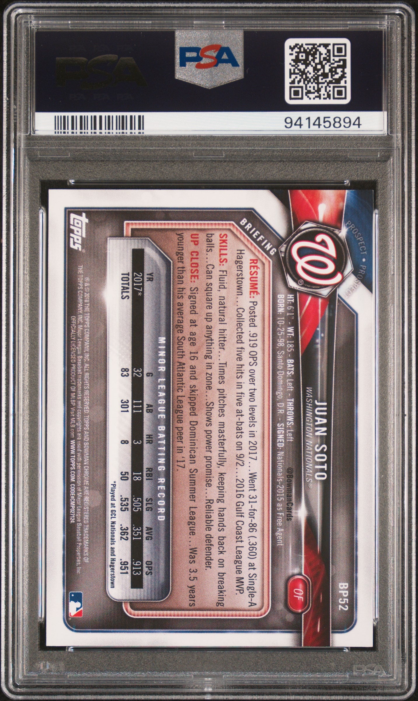 2023 Topps Archives Signature Series #BP52 Juan Soto 2018 PSA 7-9