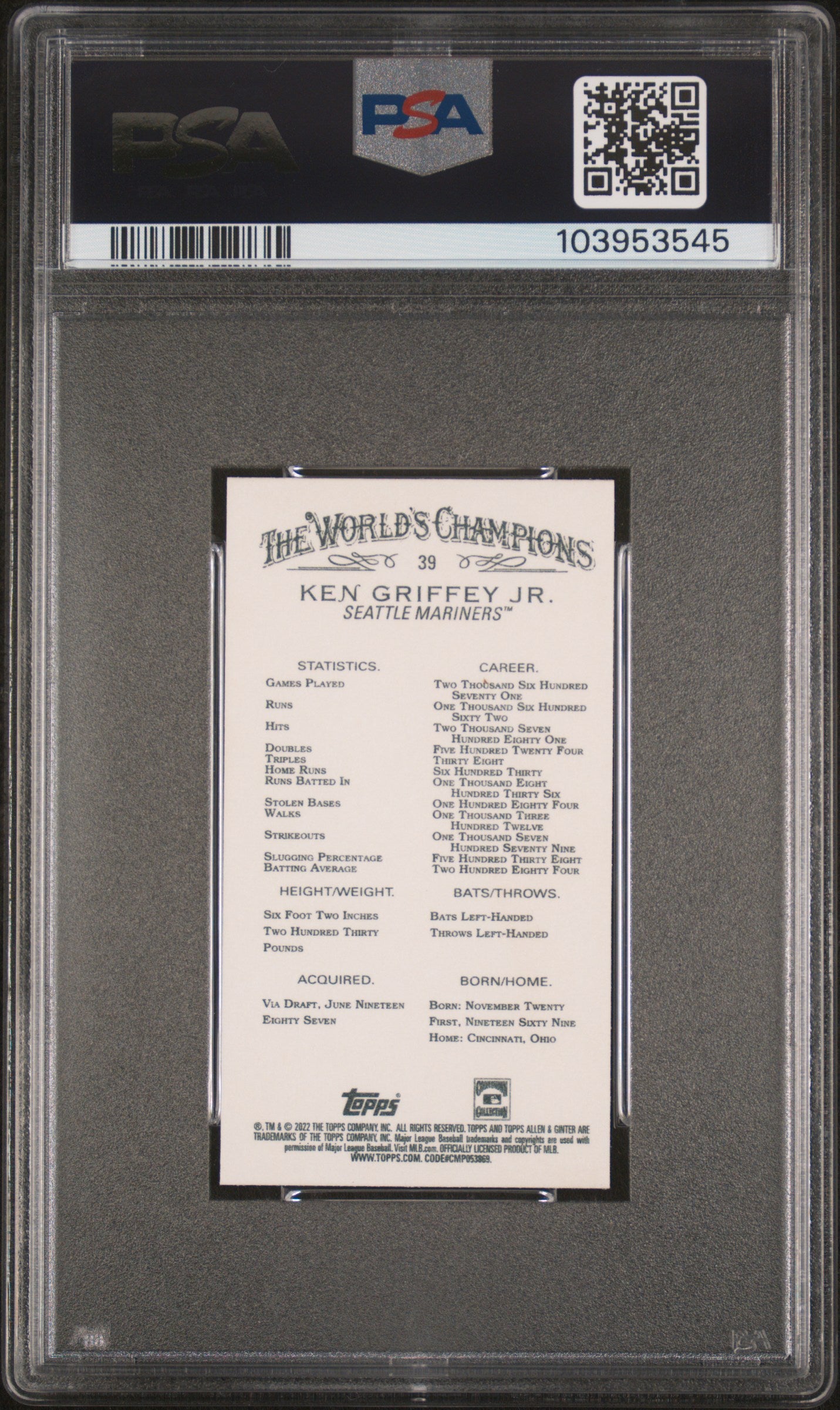 2022 Topps Allen & Ginter #39 Ken Griffey Jr. Mini-Black Border PSA 10