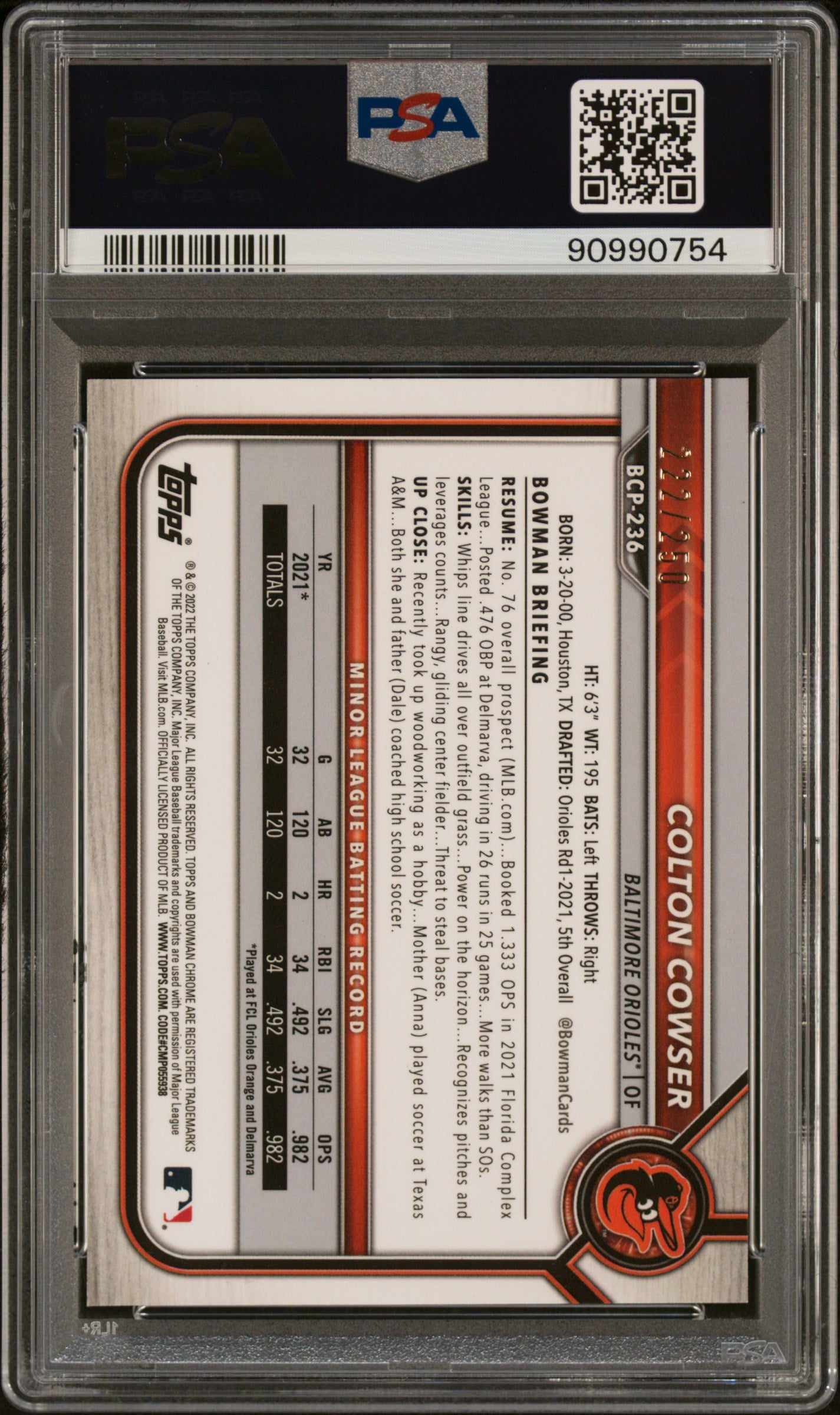 2022 Bowman Mega Box Chrome #236 Colton Cowser Purple Refractor PSA 8