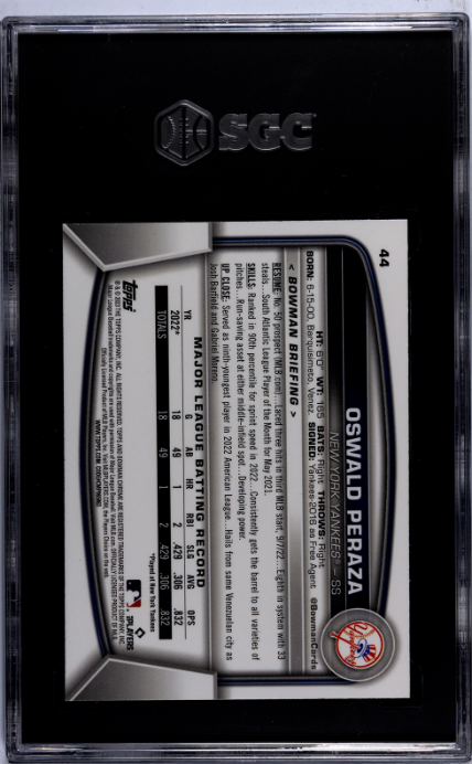 2023 Bowman Chrome #44 Oswald Peraza RC SGC 10