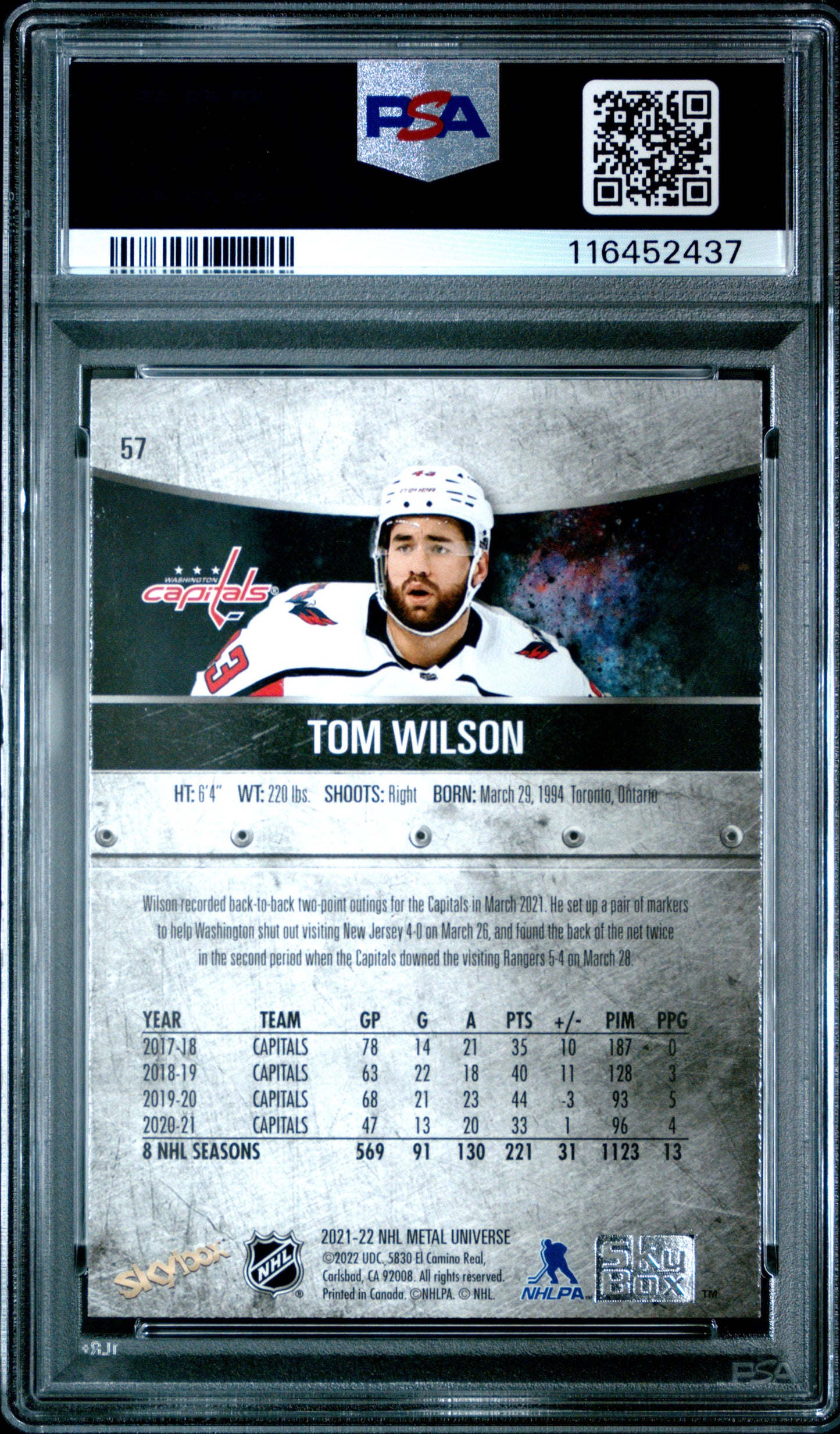 2021-2022 Skybox Metal Universe #57 Tom Wilson PSA 8