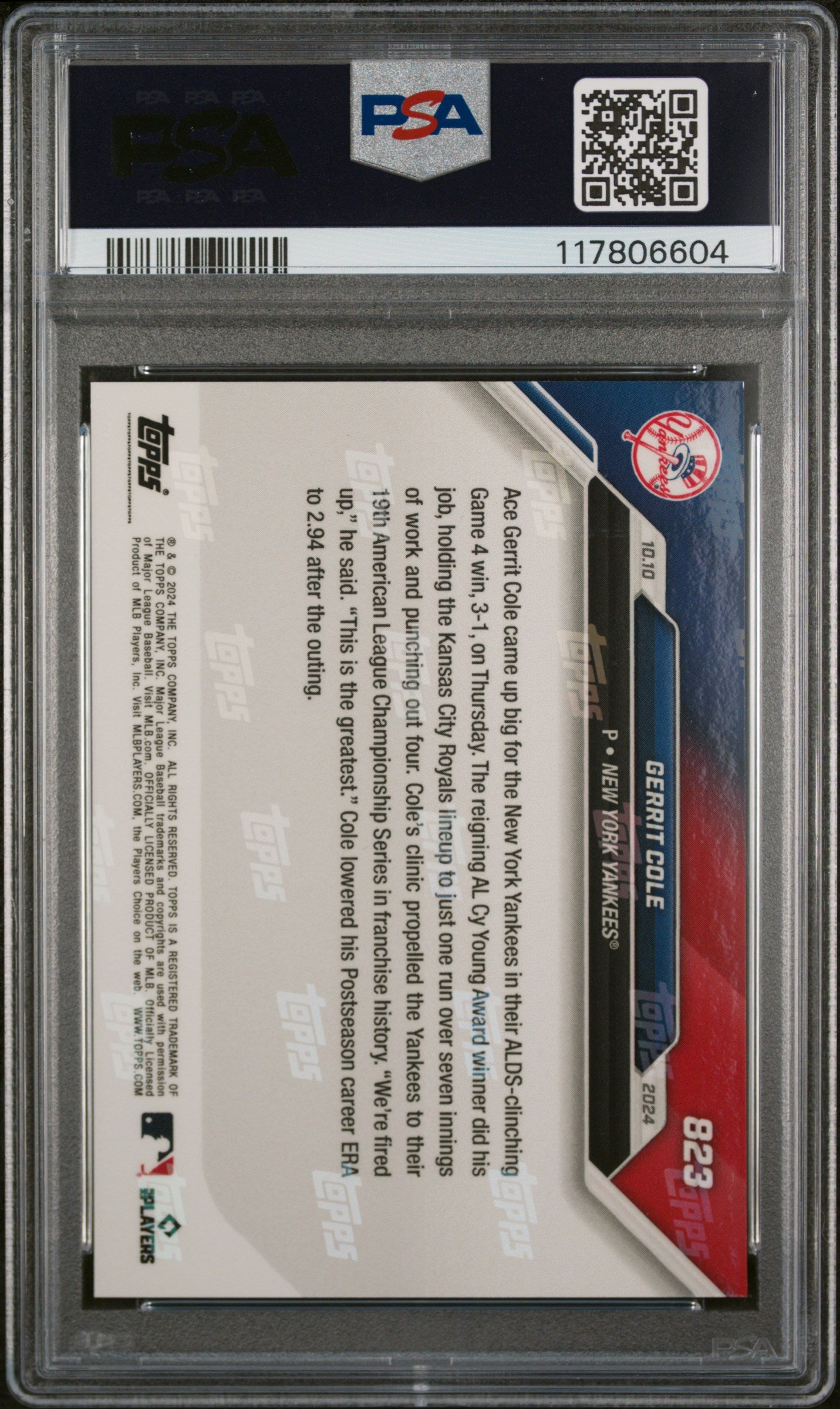 (1)2024 Topps Now #823 Gerrit Cole PSA 10