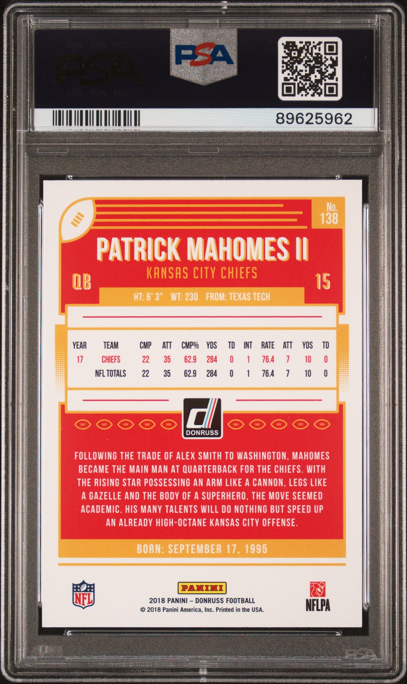 2018 Panini Donruss #138 Patrick Mahomes II PSA 10