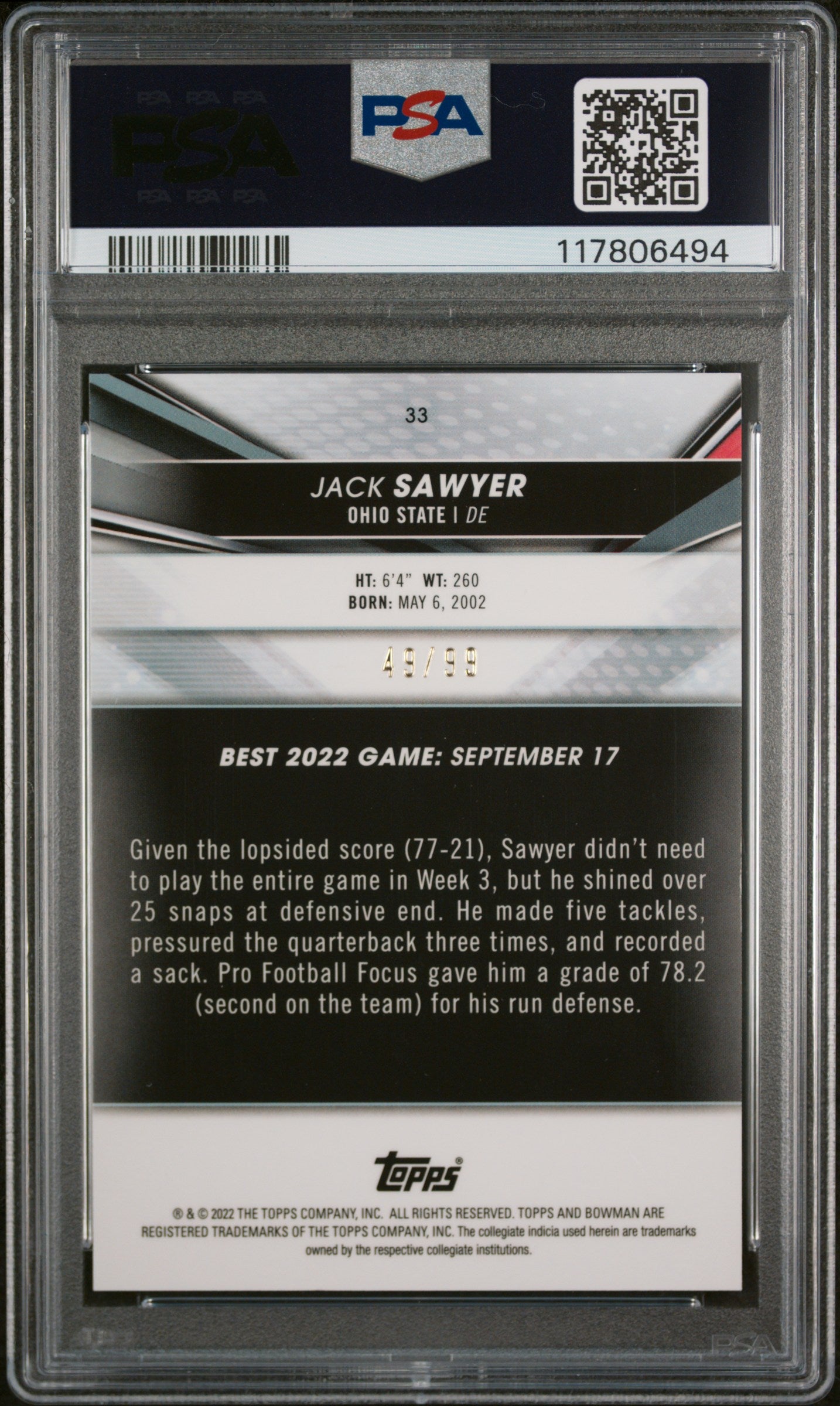 2022 Bowman'S Best University #33 Jack Sawyer Green Refractor PSA 10