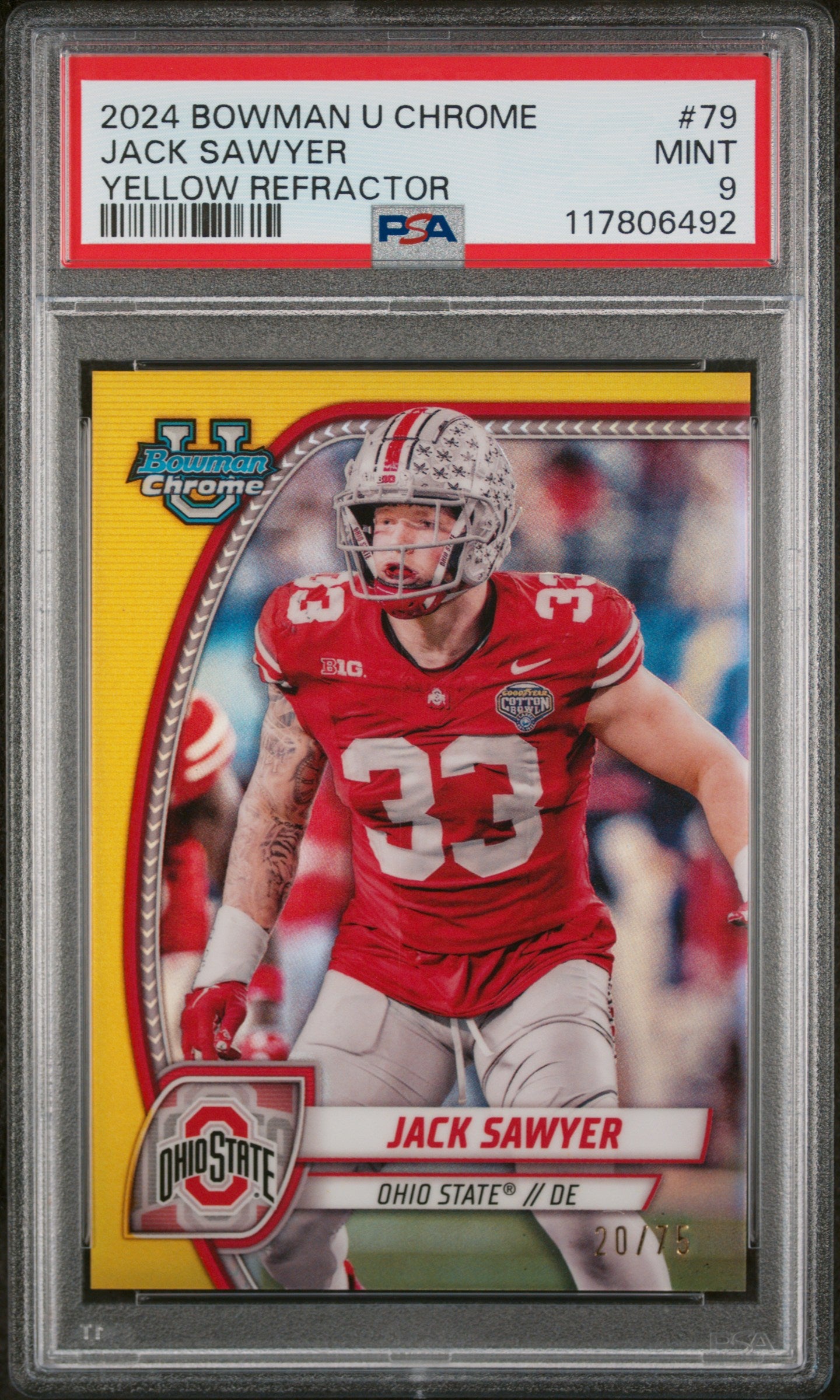 2024 Bowman University Chrome #79 Jack Sawyer Yellow Refractor PSA 9