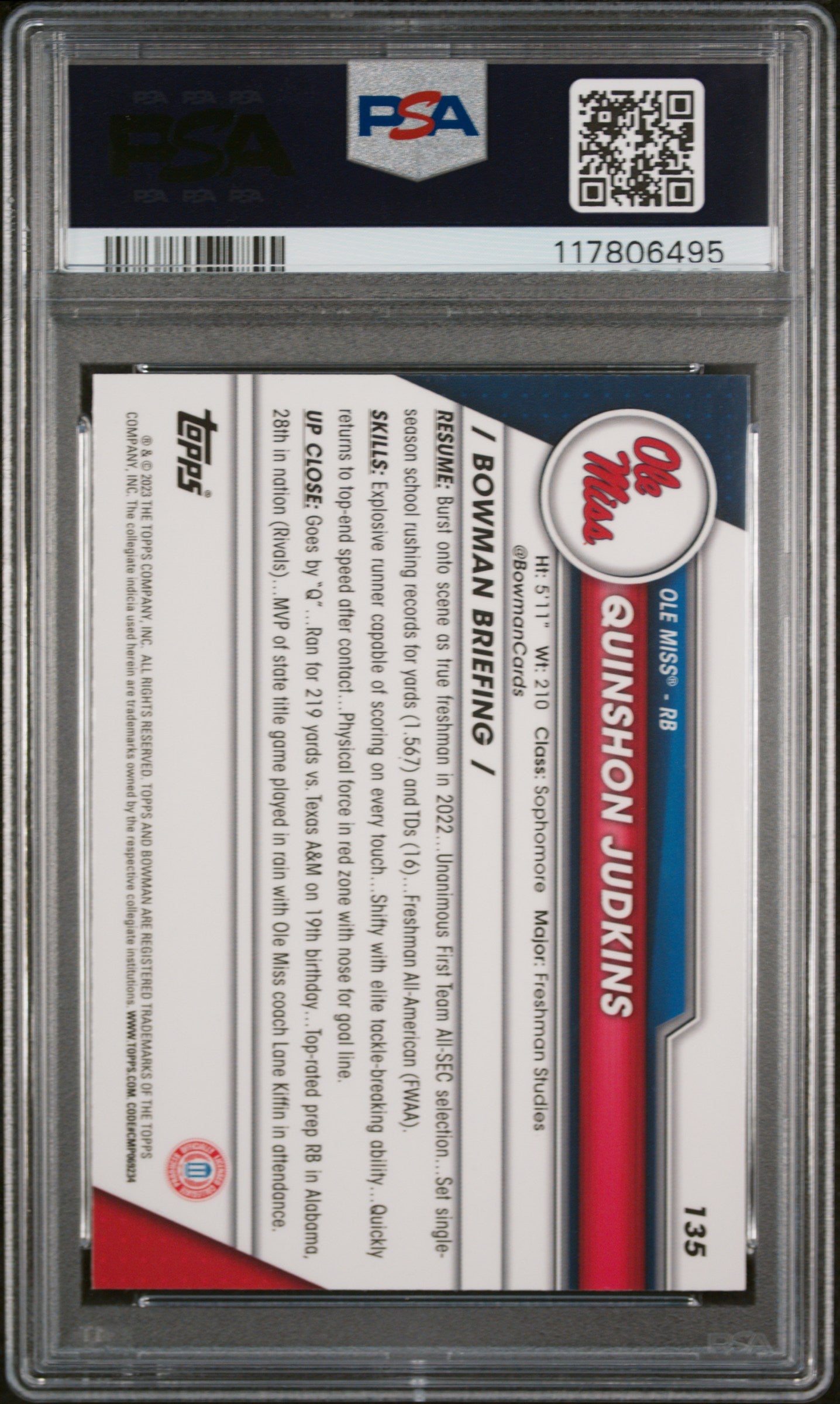 2023 Bowman University Chrome Sapphire #135 Quinshon Judkins PSA 9