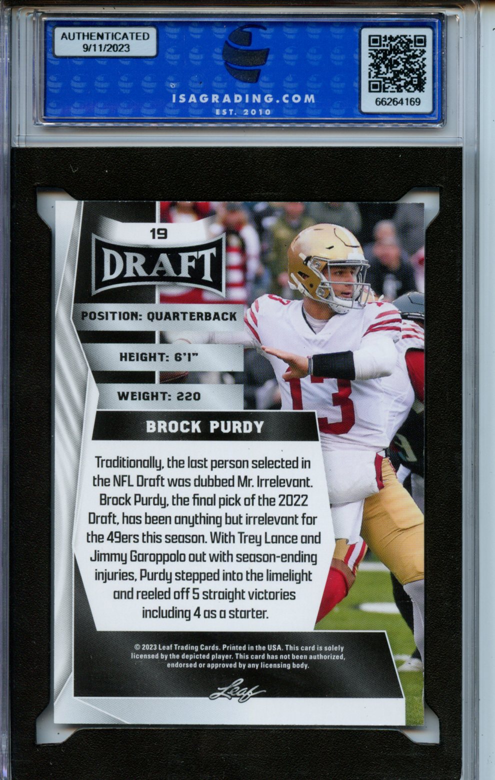 2023 Leaf Draft #19 Brock Purdy ISA 10 CERT#66264169