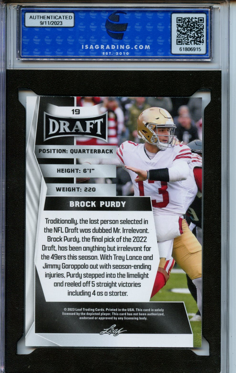 2023 Leaf Draft #19 Brock Purdy ISA 10 CERT#61806915