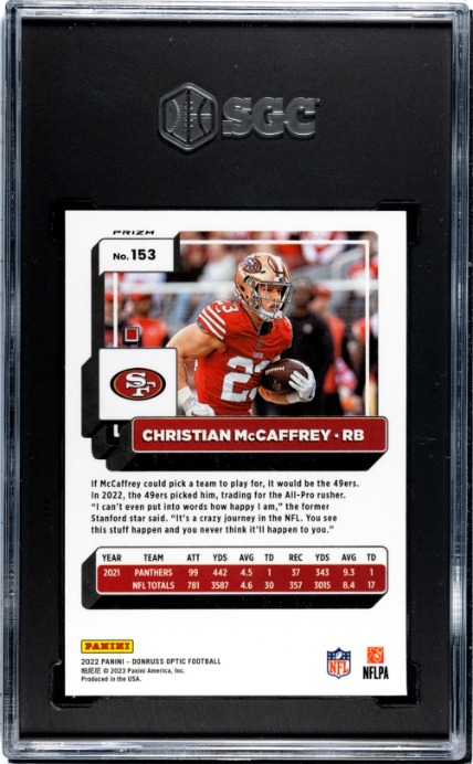 2022 Donruss Optic #153 Christian Mccaffrey Holo Prizm SGC 9.5