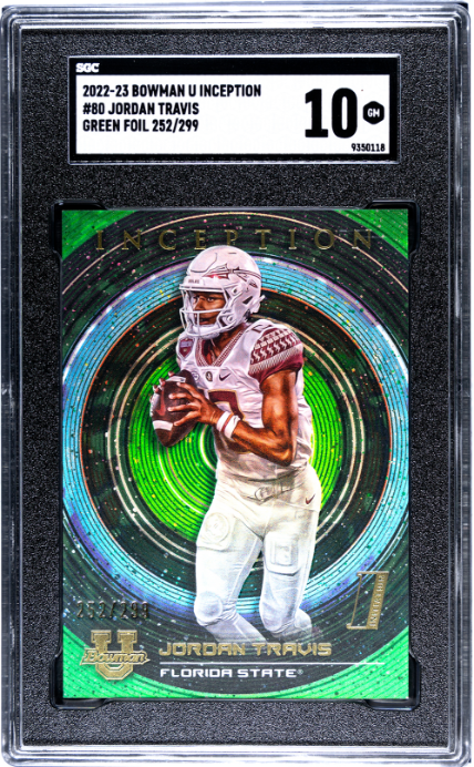 2022-23 Bowman University Inception #80 Jordan Travis Green Foil SGC 10