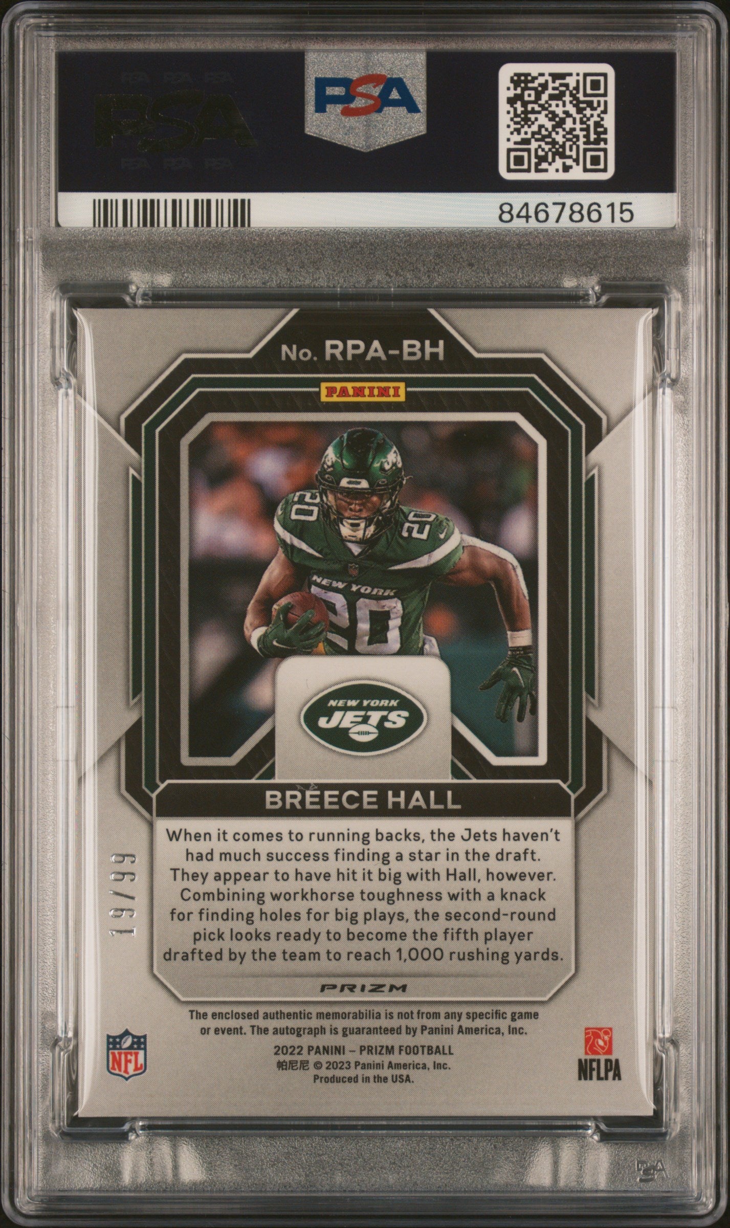 2022 Panini Prizm Rookie Patch Autographs #RPABH Breece Hall PSA 10-10