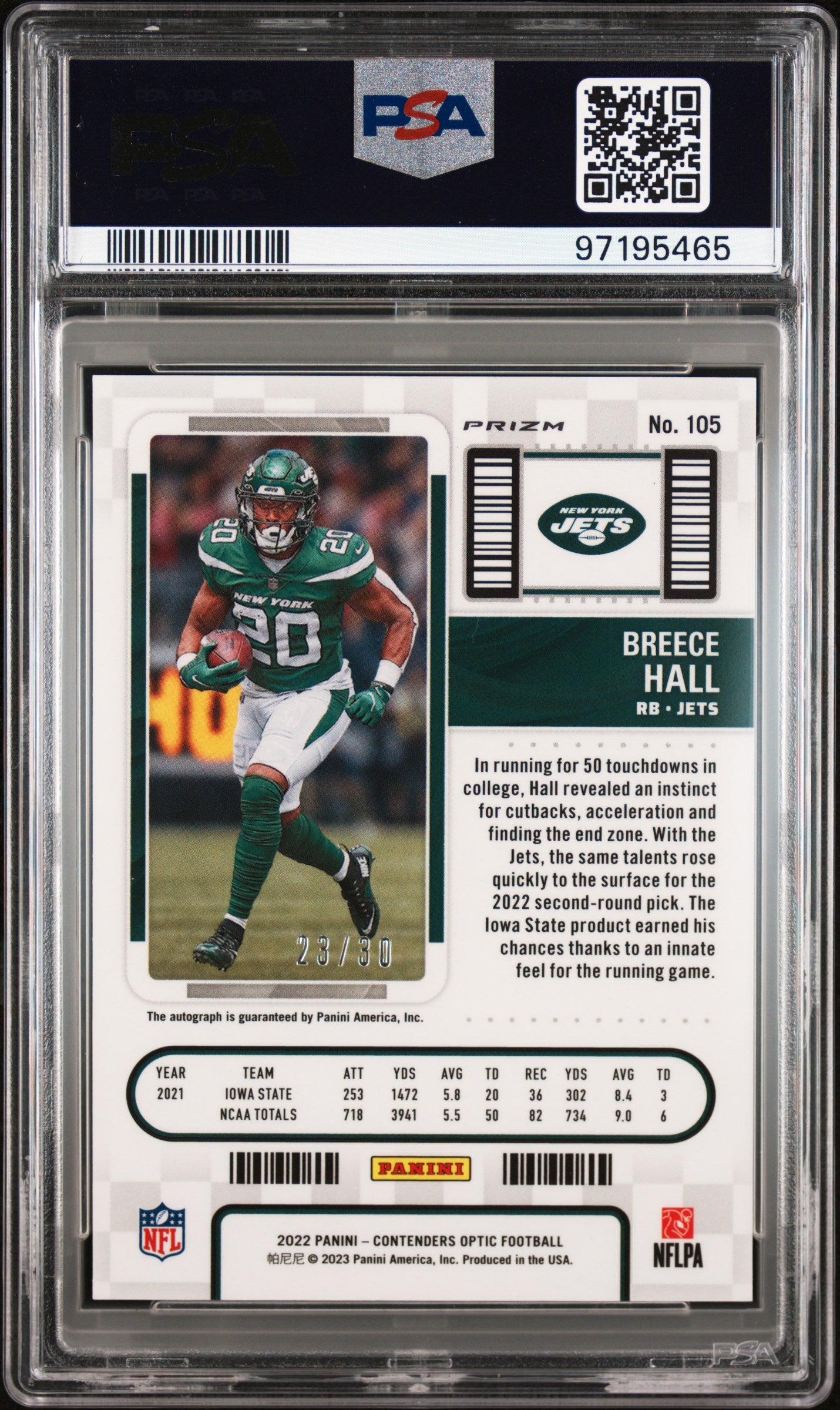2022 Panini Contenders Optic #105 Breece Hall Auto-Green Pulsar RT PSA 9 AUTO AUTH