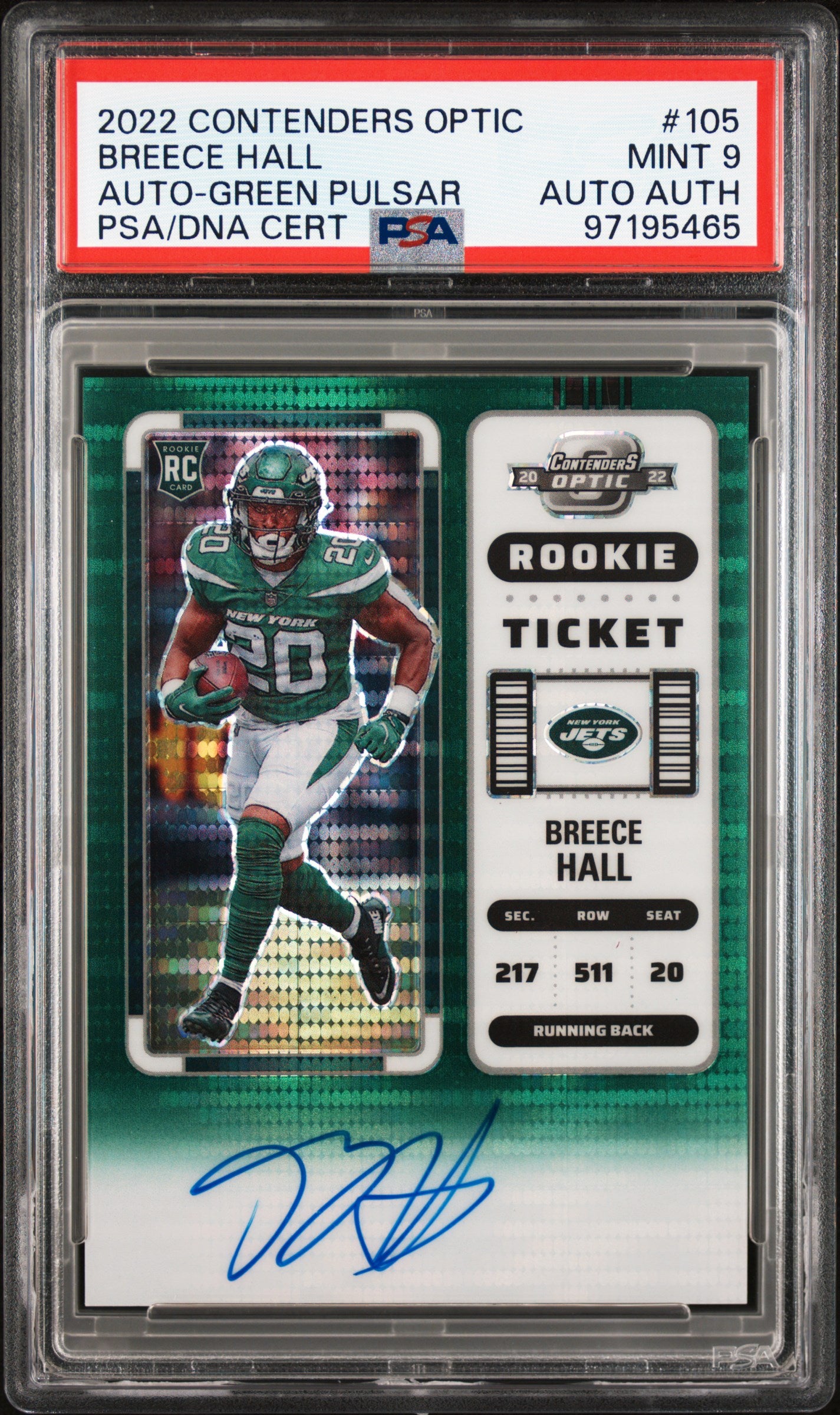 2022 Panini Contenders Optic #105 Breece Hall Auto-Green Pulsar RT PSA 9 AUTO AUTH