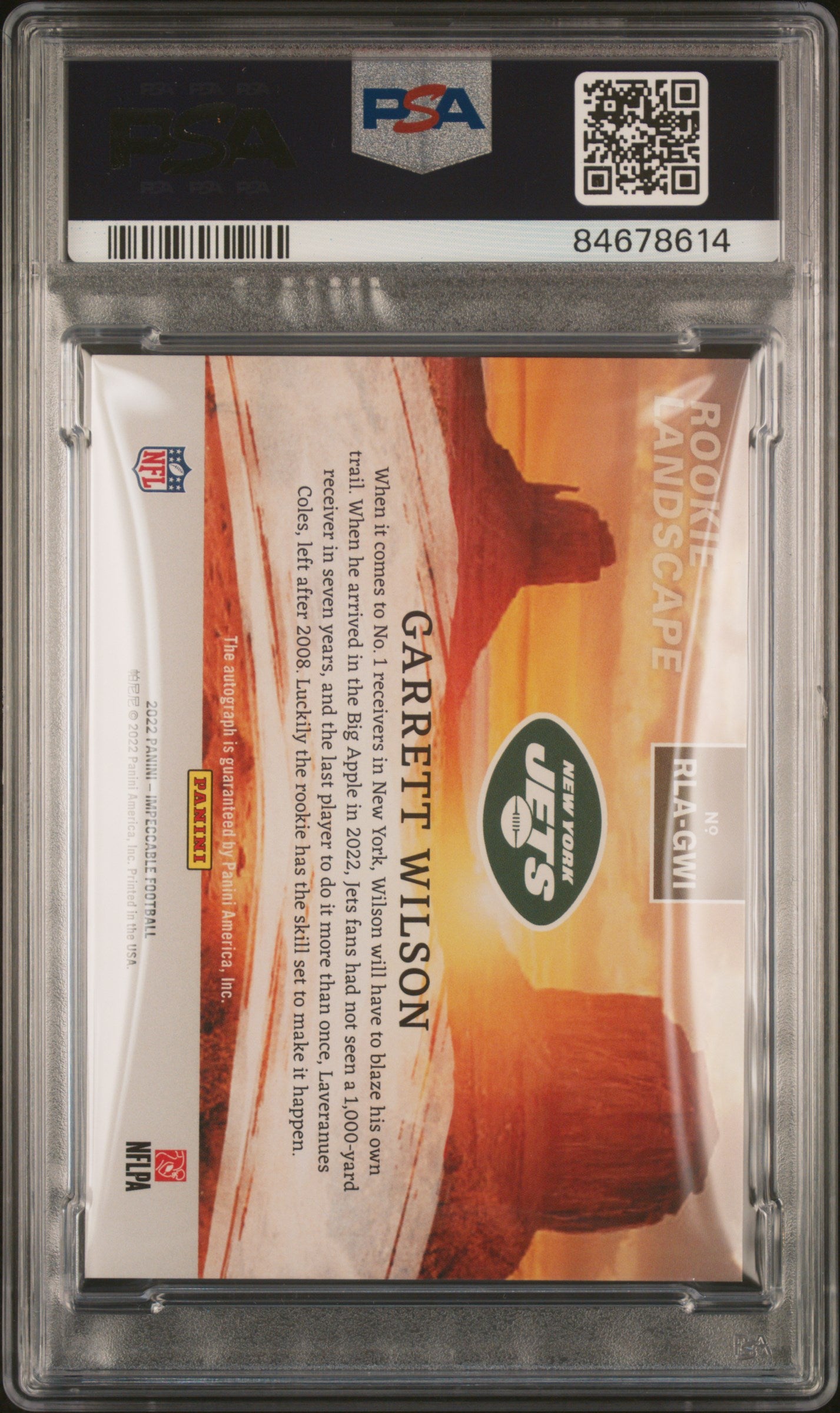 2022 Panini Impeccable Rookie Landscape Autographs #RLAGWI Garrett Wilson Silver RC PSA 9-10