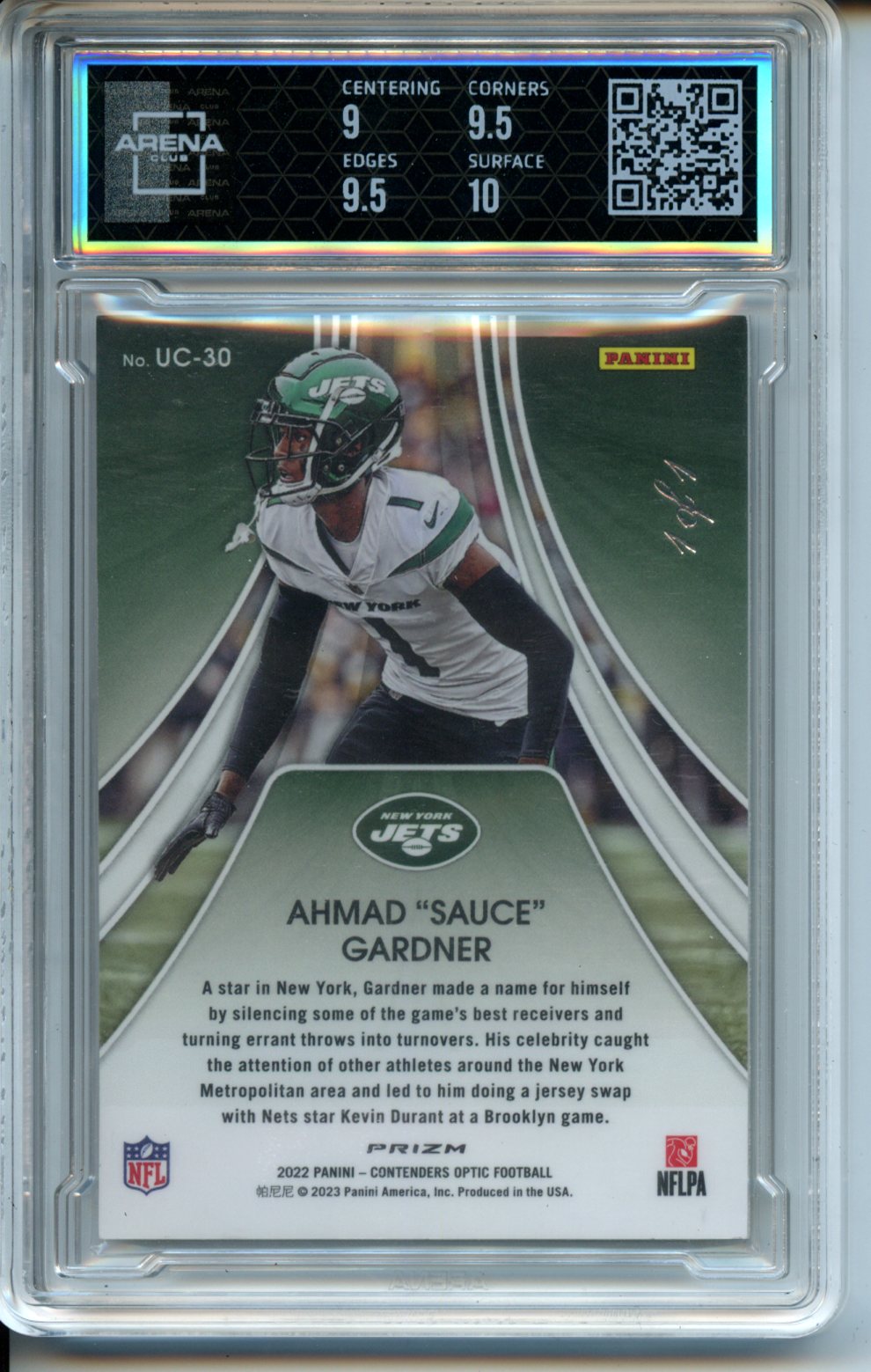 2022 #UC-30 Ahmad "Sauce" Gardner Up and Coming Gold Vinyl RC Arena Club 9.5
