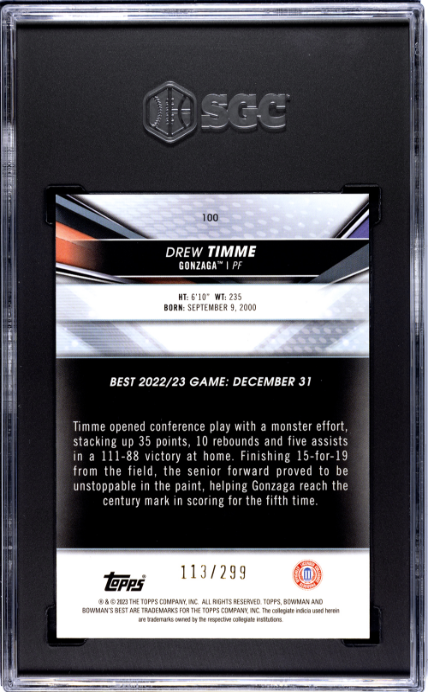 2022-23 Bowman University Best #100 Drew Timme Mini-Diamond Ref. SGC 10