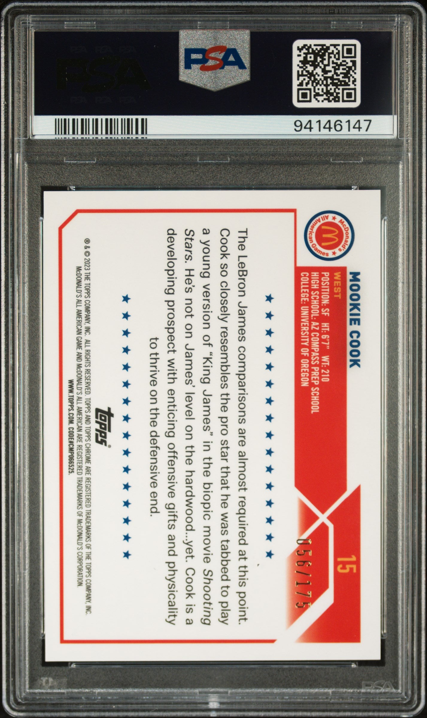 2023 Topps Chrome Mcdonald'S All-American #15 Mookie Cook Mcdonald'S A/A-Aq/Fsh Swirl PSA 10