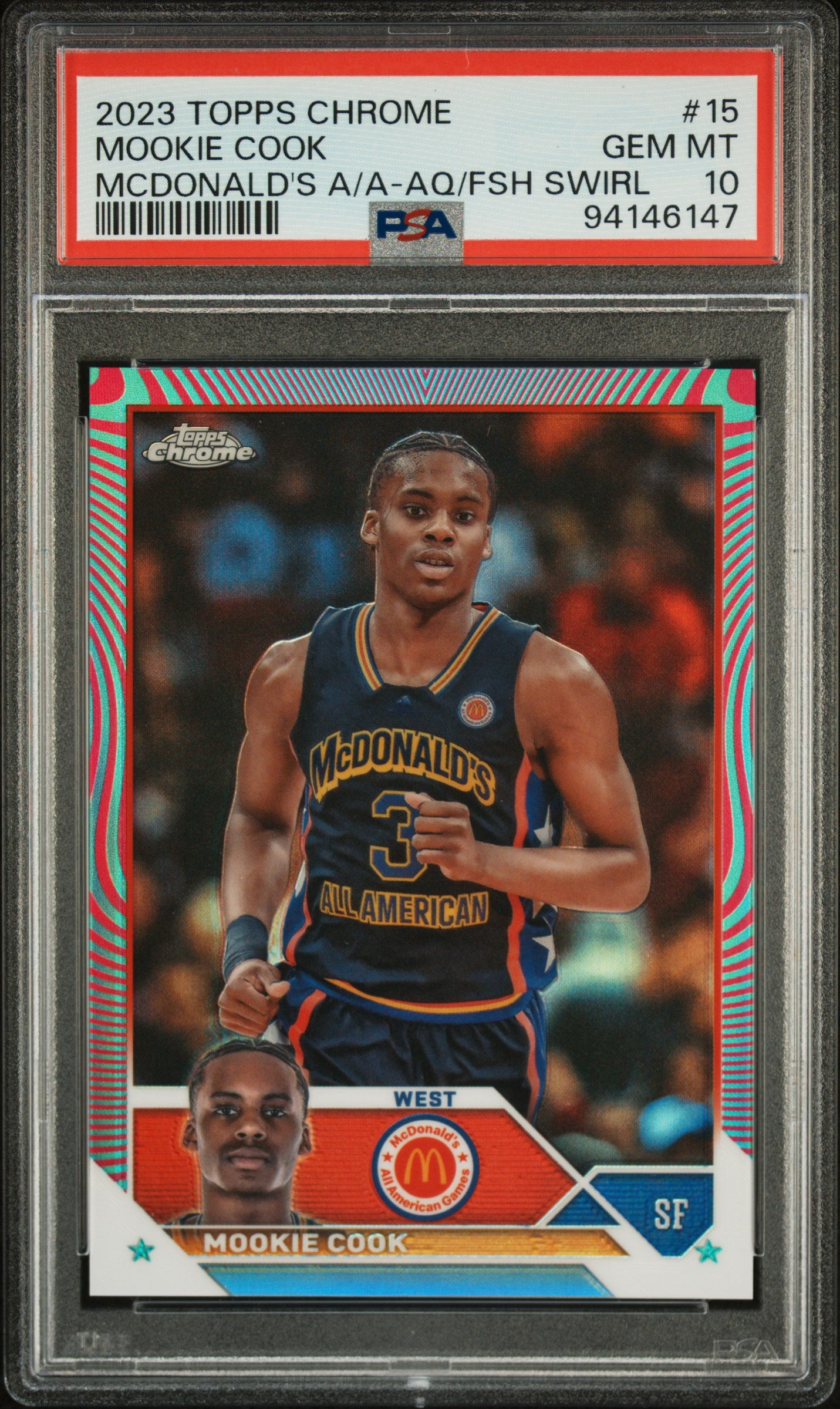 2023 Topps Chrome Mcdonald'S All-American #15 Mookie Cook Mcdonald'S A/A-Aq/Fsh Swirl PSA 10