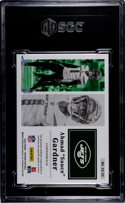 2022 Panini Encased #SS-25 Ahmad Gardner Substantial Rookie Swatches Gold RP SGC 9.5