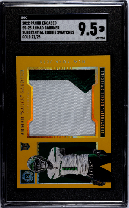 2022 Panini Encased #SS-25 Ahmad Gardner Substantial Rookie Swatches Gold RP SGC 9.5
