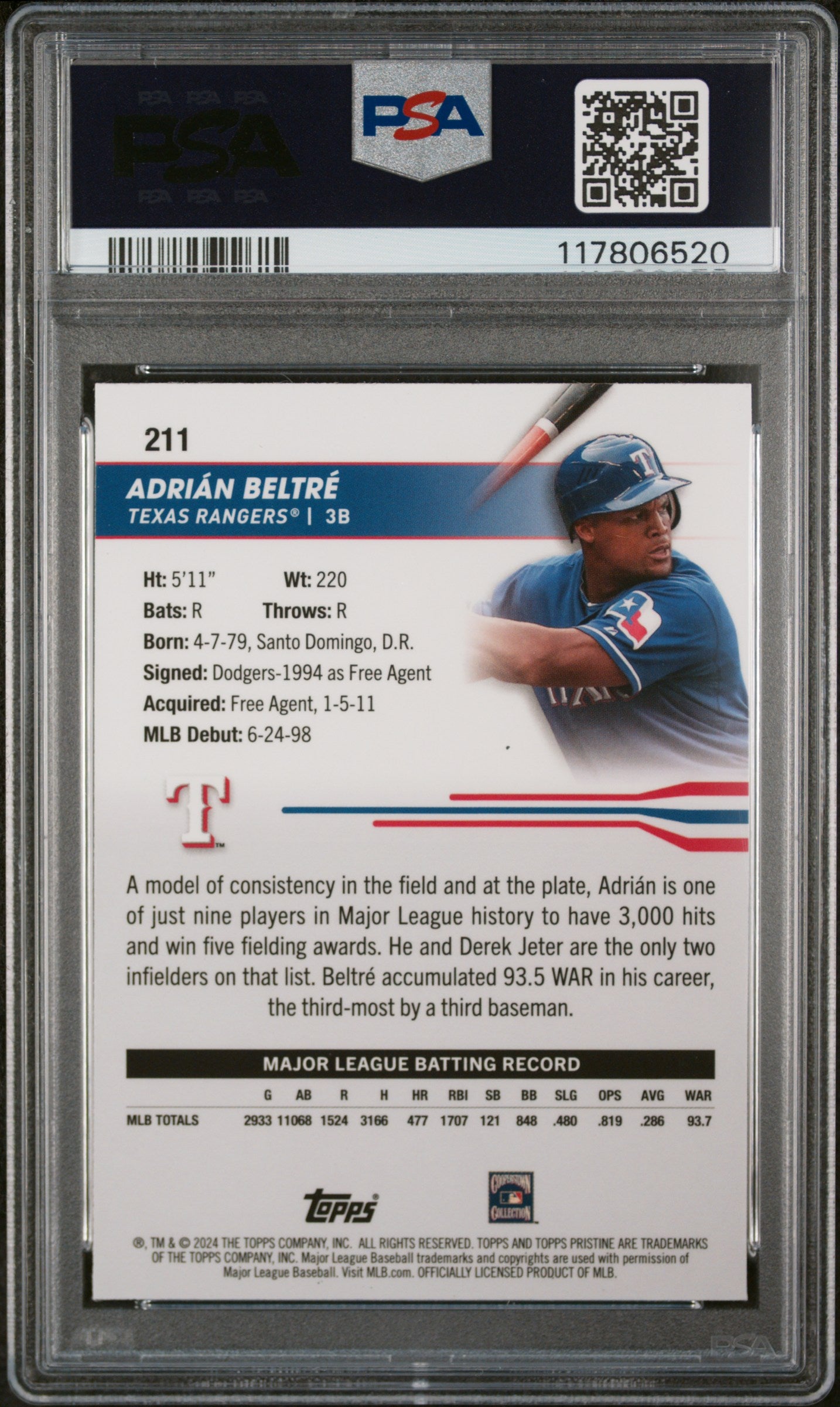 2024 Topps Pristine #211 Adrian Beltre PSA 10