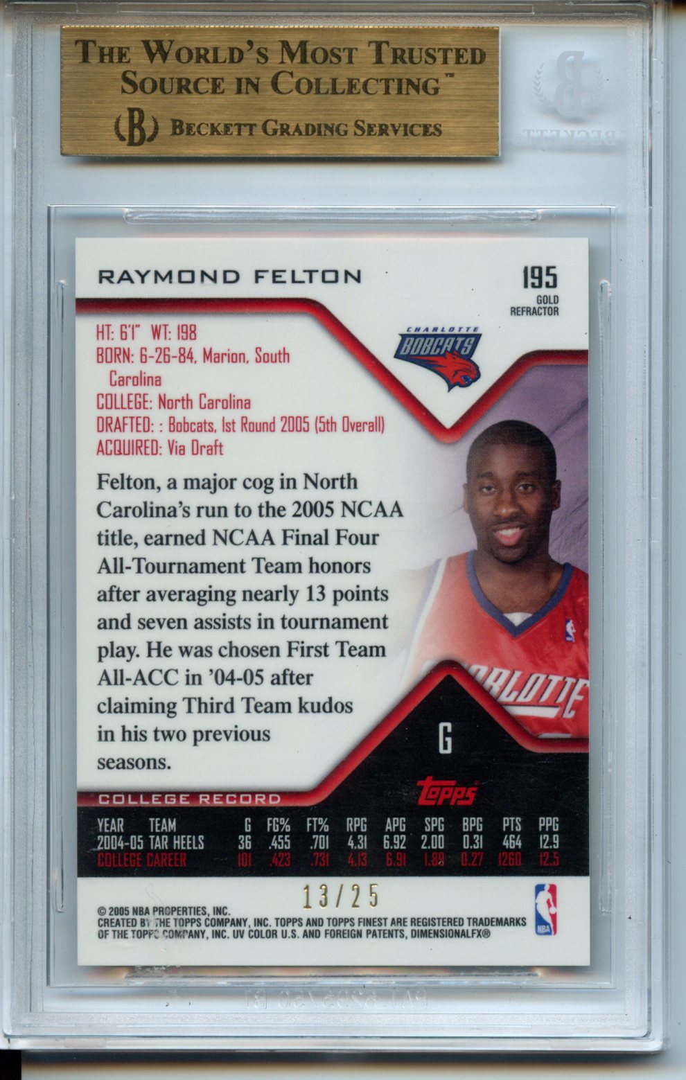 2004-05 Finest Refractors Gold #195 Draft Pick RC #5 BGS 9.5