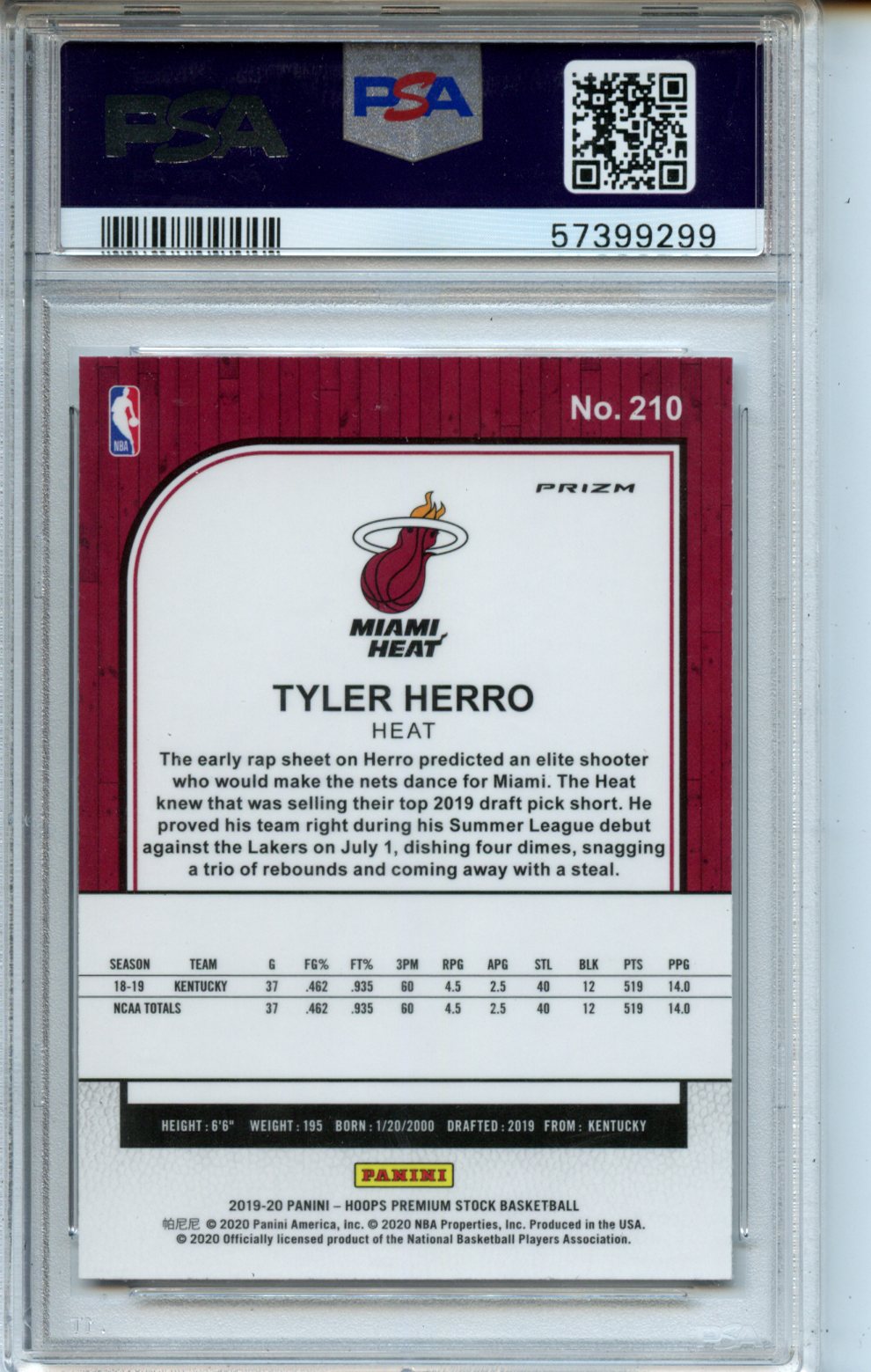 2019 Panini Hoops Premium Stock #210 Tyler Herro Sp-Flash RC PSA 10