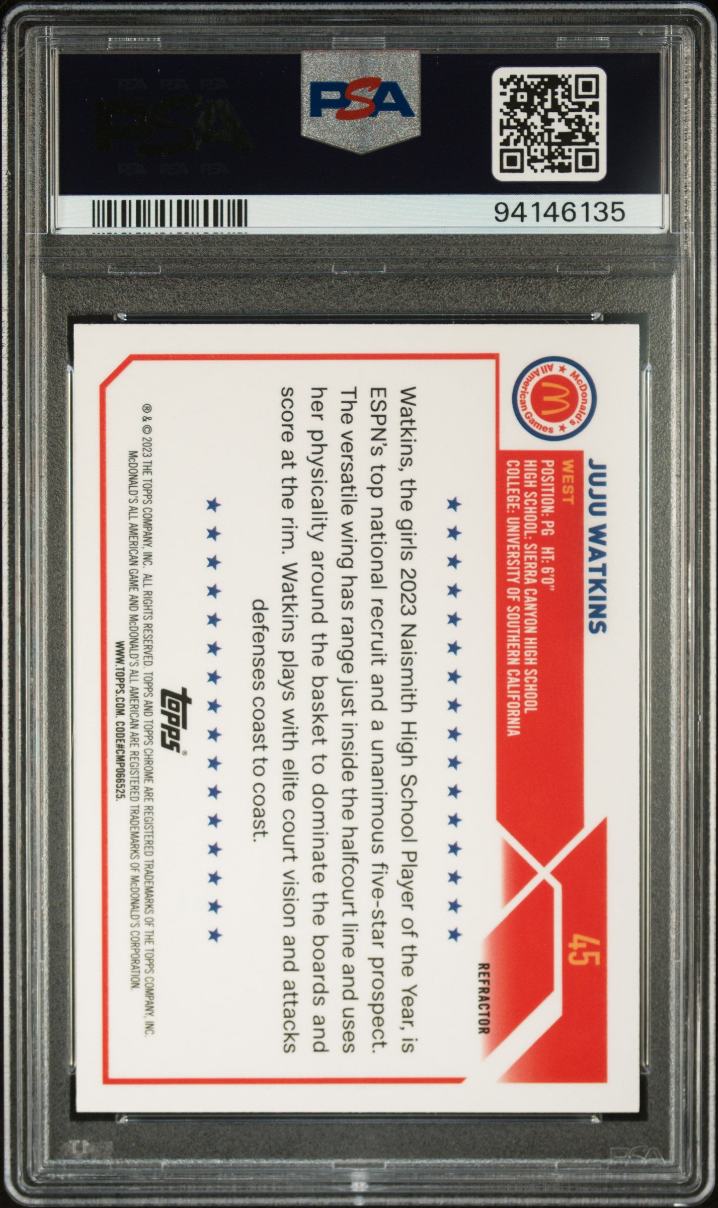 2023 Topps Chrome Mcdonald'S All-American #45 Juju Watkins Refractor PSA 9