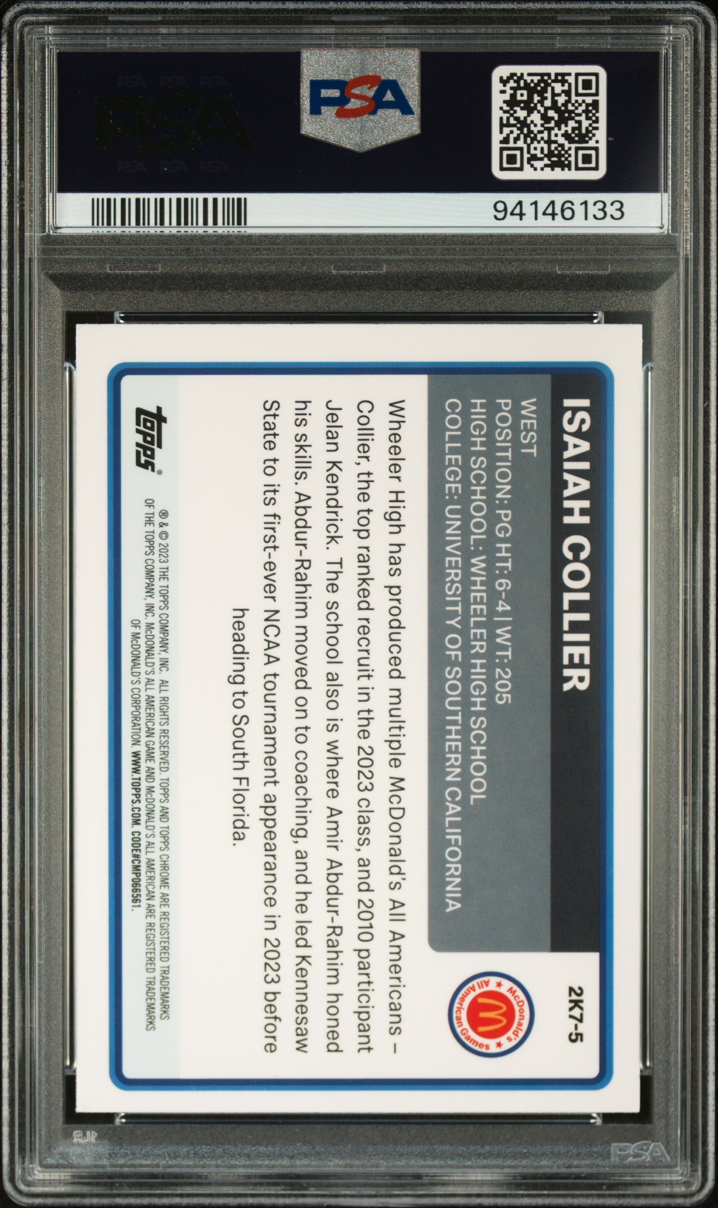 2023 Topps Chrome 2007 Mcdonald'S All-American #2K7-5 Isaiah Collier PSA 10