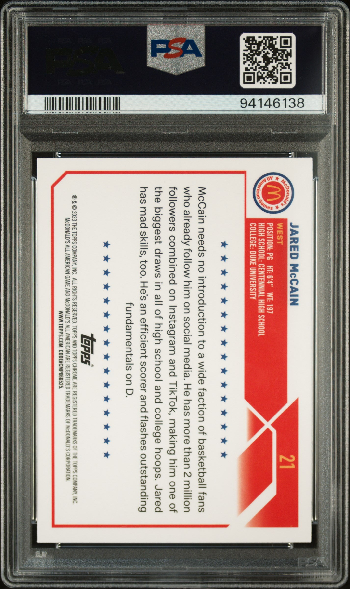2023 Topps Chrome Mcdonald'S All-American #21 Jared Mccain PSA 10