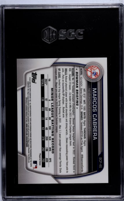 2023 Bowman Chrome Prospect #BCP-46 Marcos Cabrera Aqua Shimmer Refractor SGC 9.5