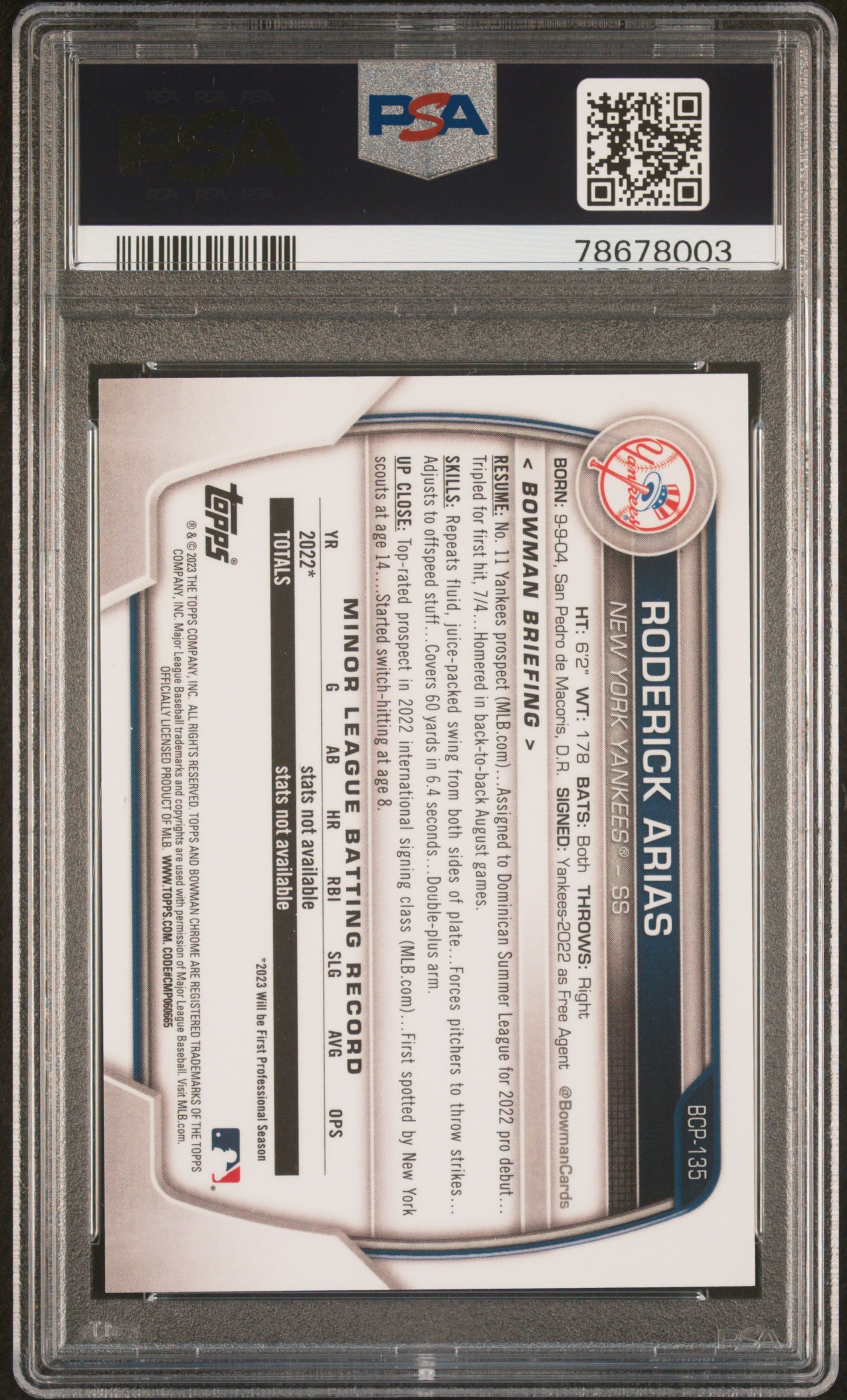 2023 Bowman Chrome Prospects #BCP135 Roderick Arias Purple Raywave Refractor PSA 10