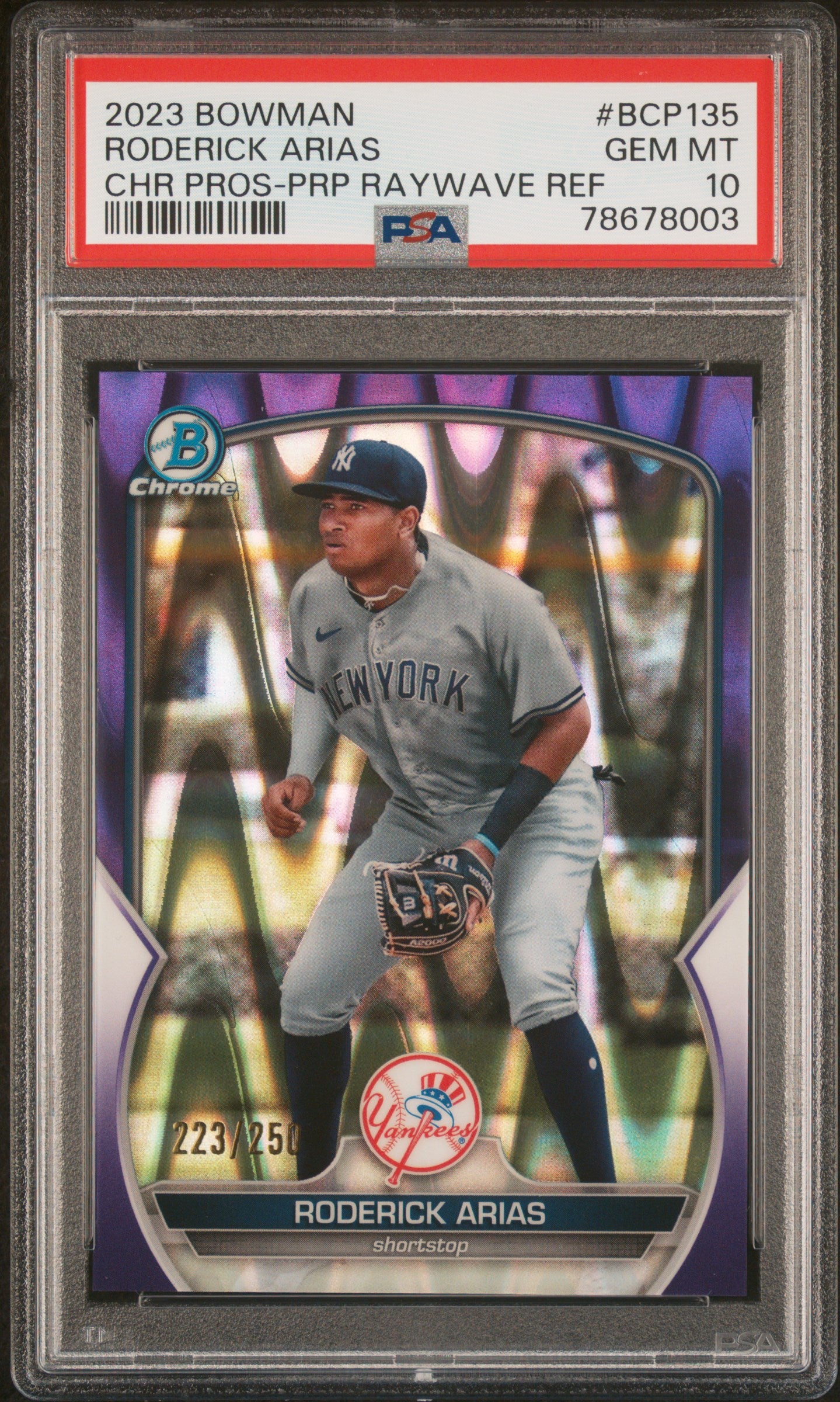 2023 Bowman Chrome Prospects #BCP135 Roderick Arias Purple Raywave Refractor PSA 10