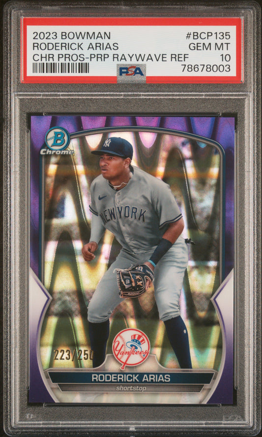 2023 Bowman Chrome Prospects #BCP135 Roderick Arias Purple Raywave Refractor PSA 10