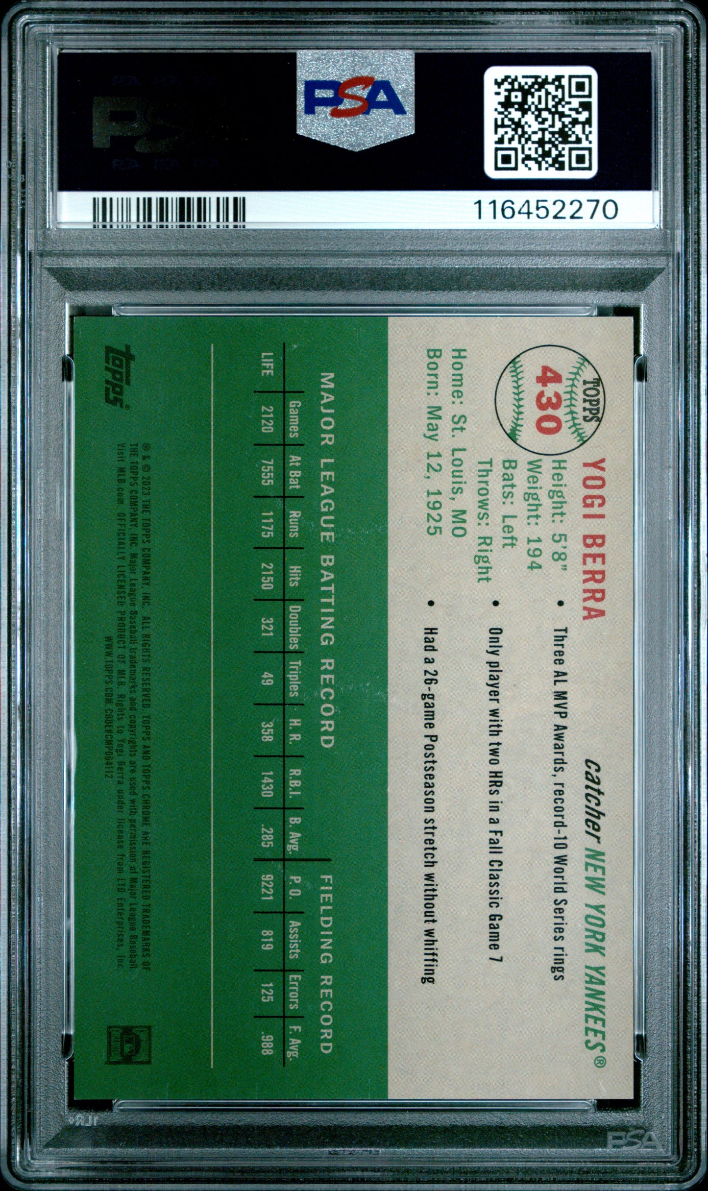 (1)2023 Topps Chrome Platinum Anniversary #430 Yogi Berra Topps Refractor PSA 10