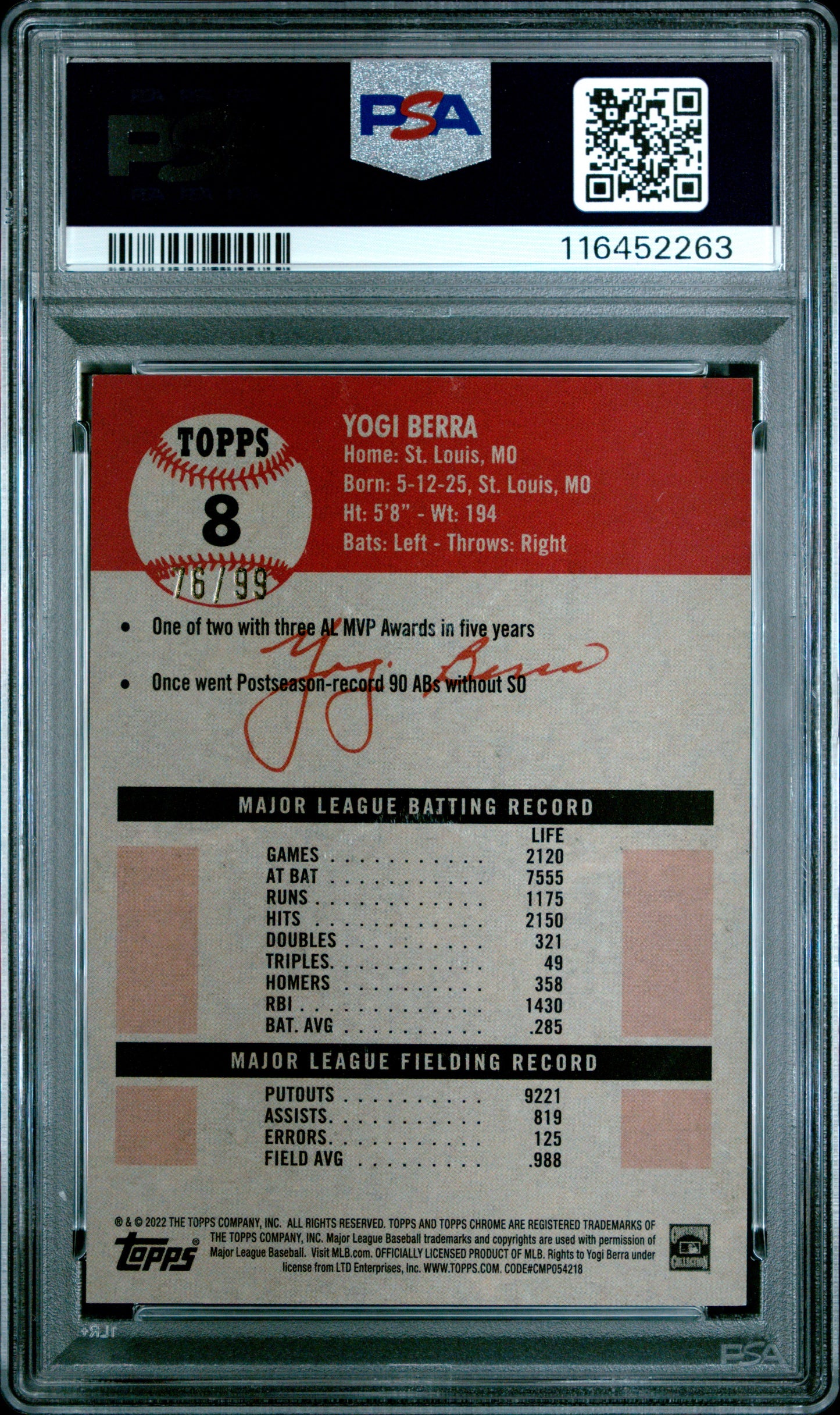 2022 Topps Chrome Platinum Anniversary #8 Yogi Berra Toile White/Green Ref PSA 9