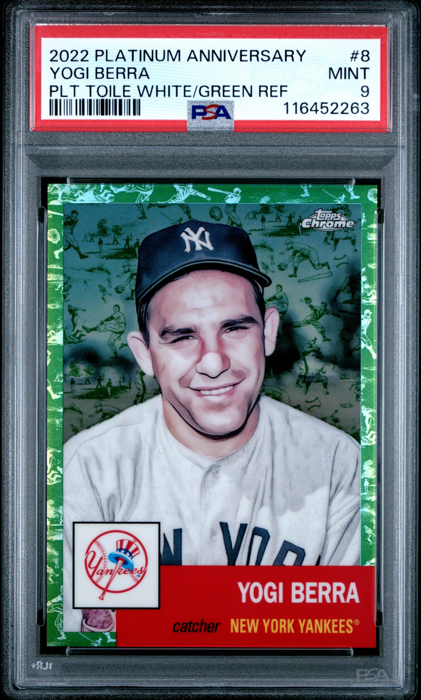 2022 Topps Chrome Platinum Anniversary #8 Yogi Berra Toile White/Green Ref PSA 9