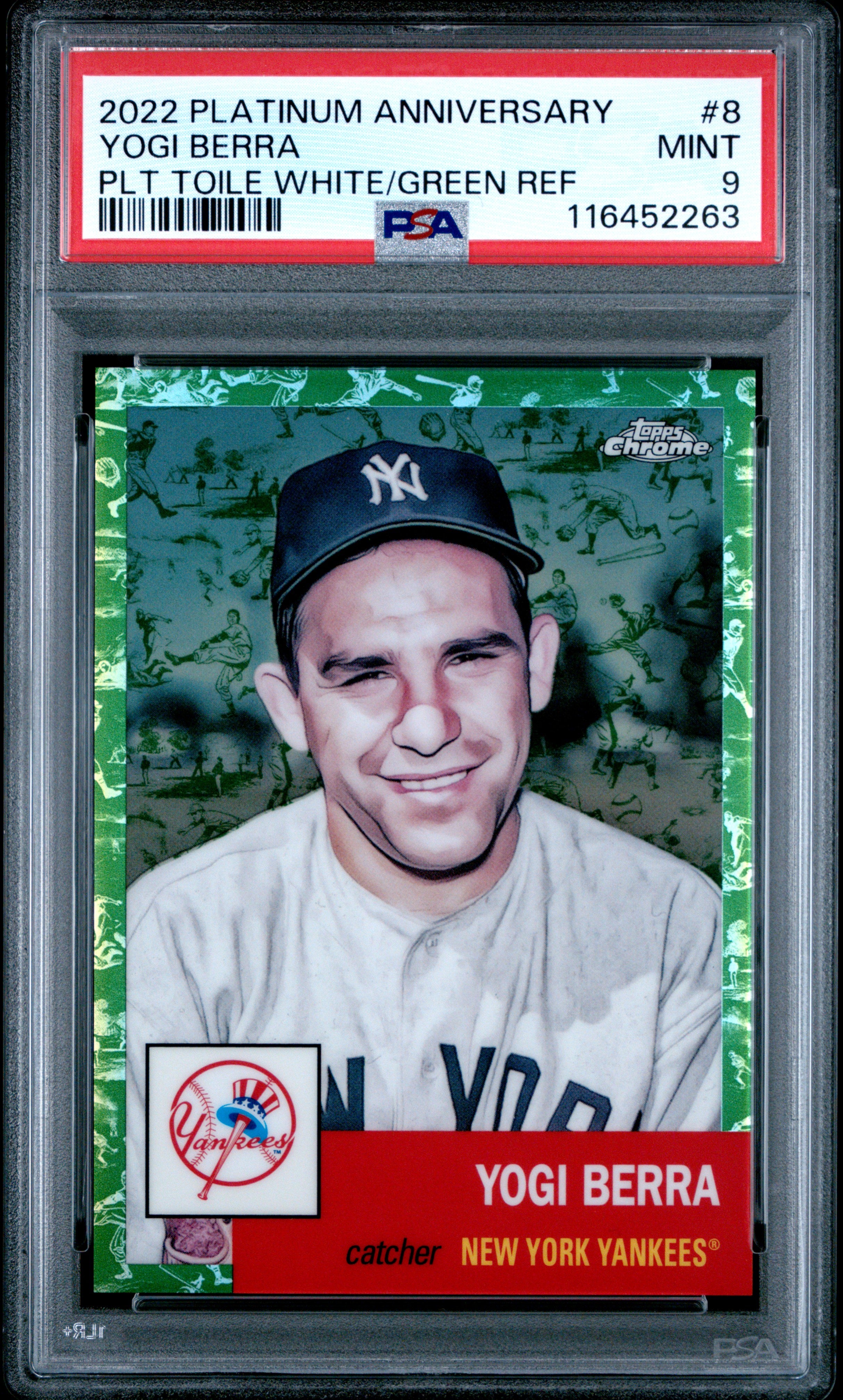 2022 Topps Chrome Platinum Anniversary #8 Yogi Berra Toile White/Green Ref PSA 9