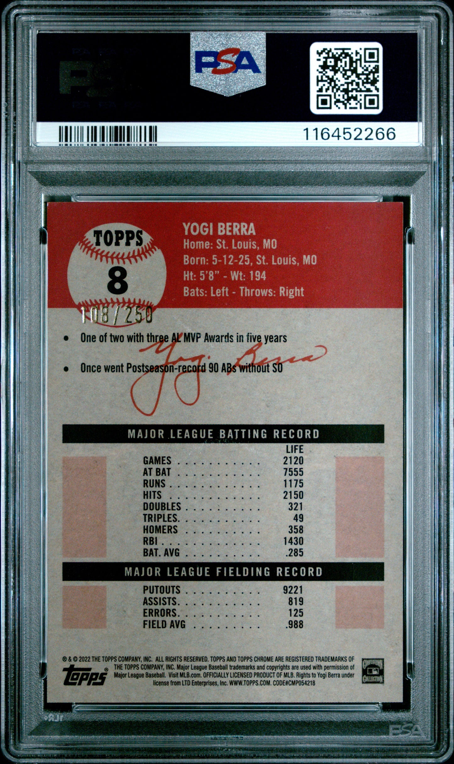 2022 Topps Chrome Platinum Anniversary #8 Yogi Berra Yellow Raywave Refractor PSA 9