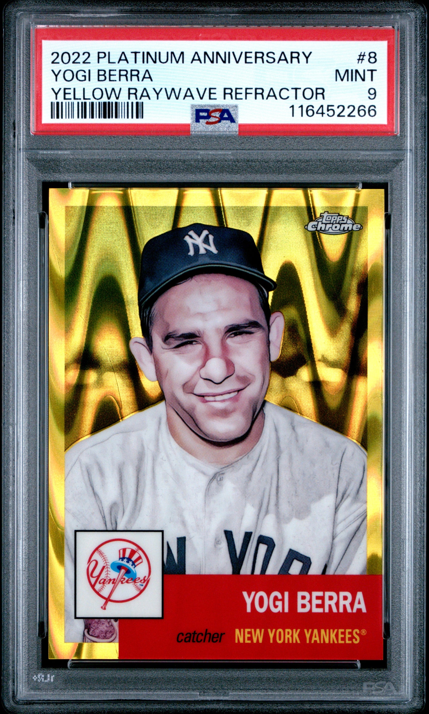 2022 Topps Chrome Platinum Anniversary #8 Yogi Berra Yellow Raywave Refractor PSA 9