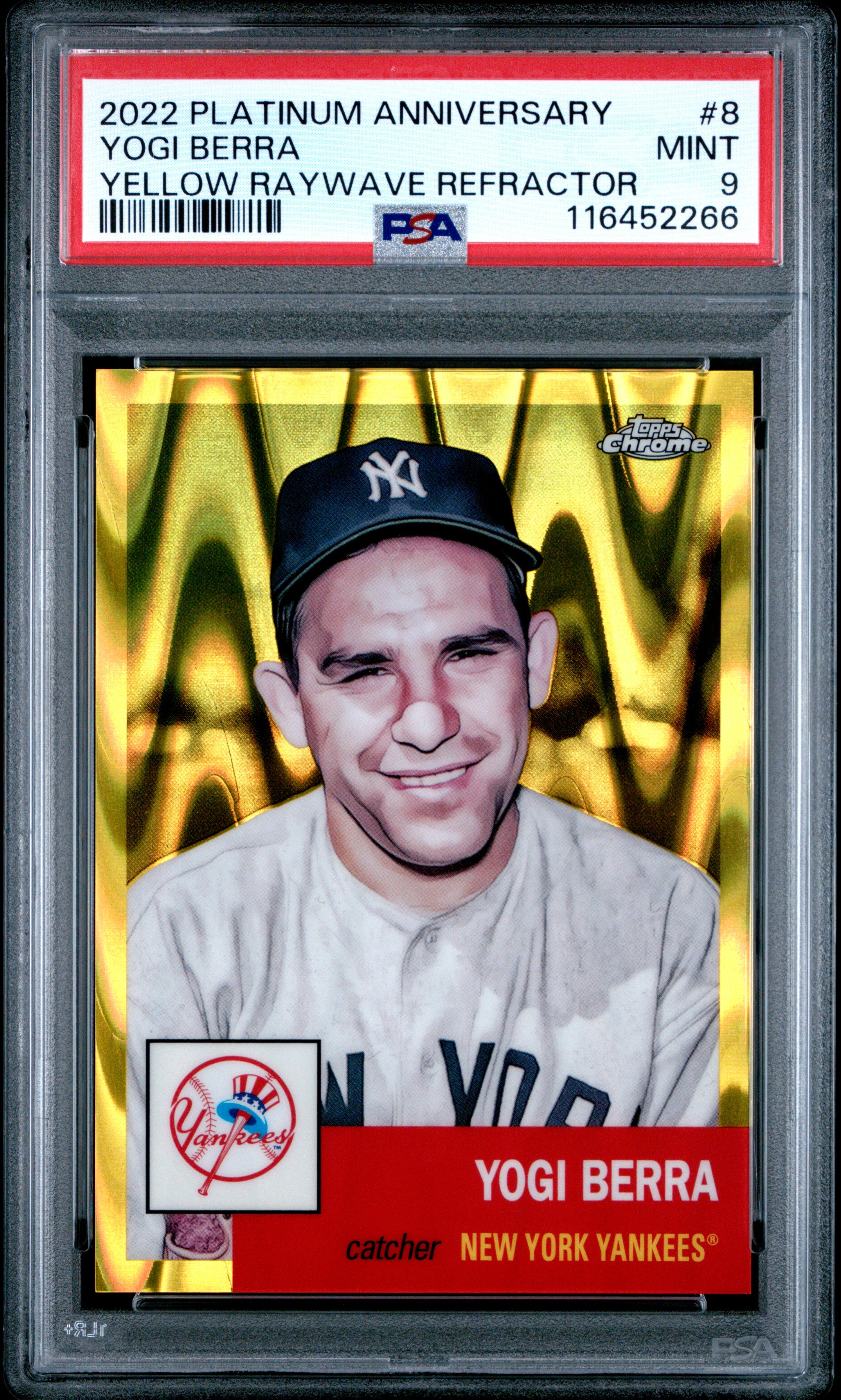2022 Topps Chrome Platinum Anniversary #8 Yogi Berra Yellow Raywave Refractor PSA 9